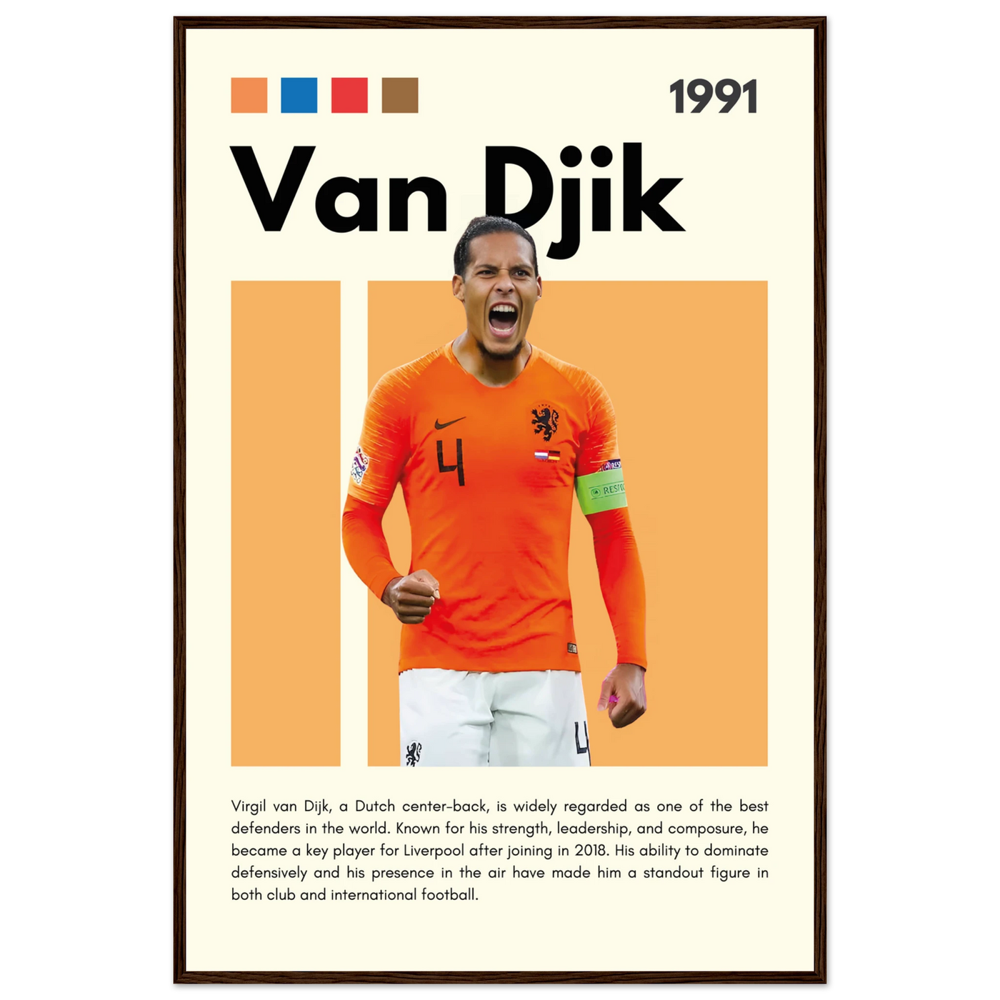 Virgil van Dijk Liverpool/Netherlands Football Framed Poster - Orange & Dynamic Sports Art Print 60x90 cm 24x36″ Dark wood frame Vibrantwalls