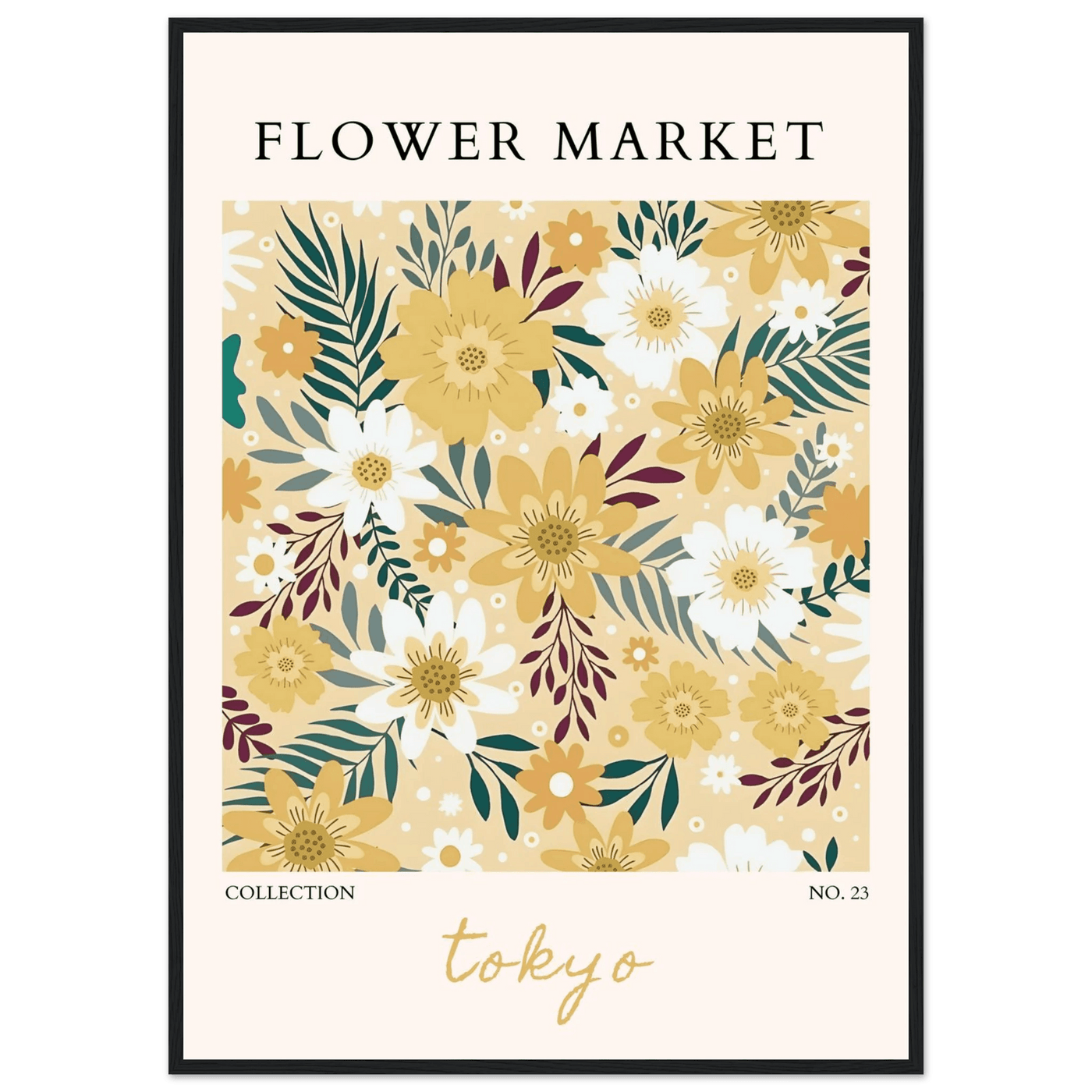 Tokyo Flower Market Framed Poster – Botanical Golden & White Floral Print | Ready-to-Hang Wall Art - Vibrantwalls