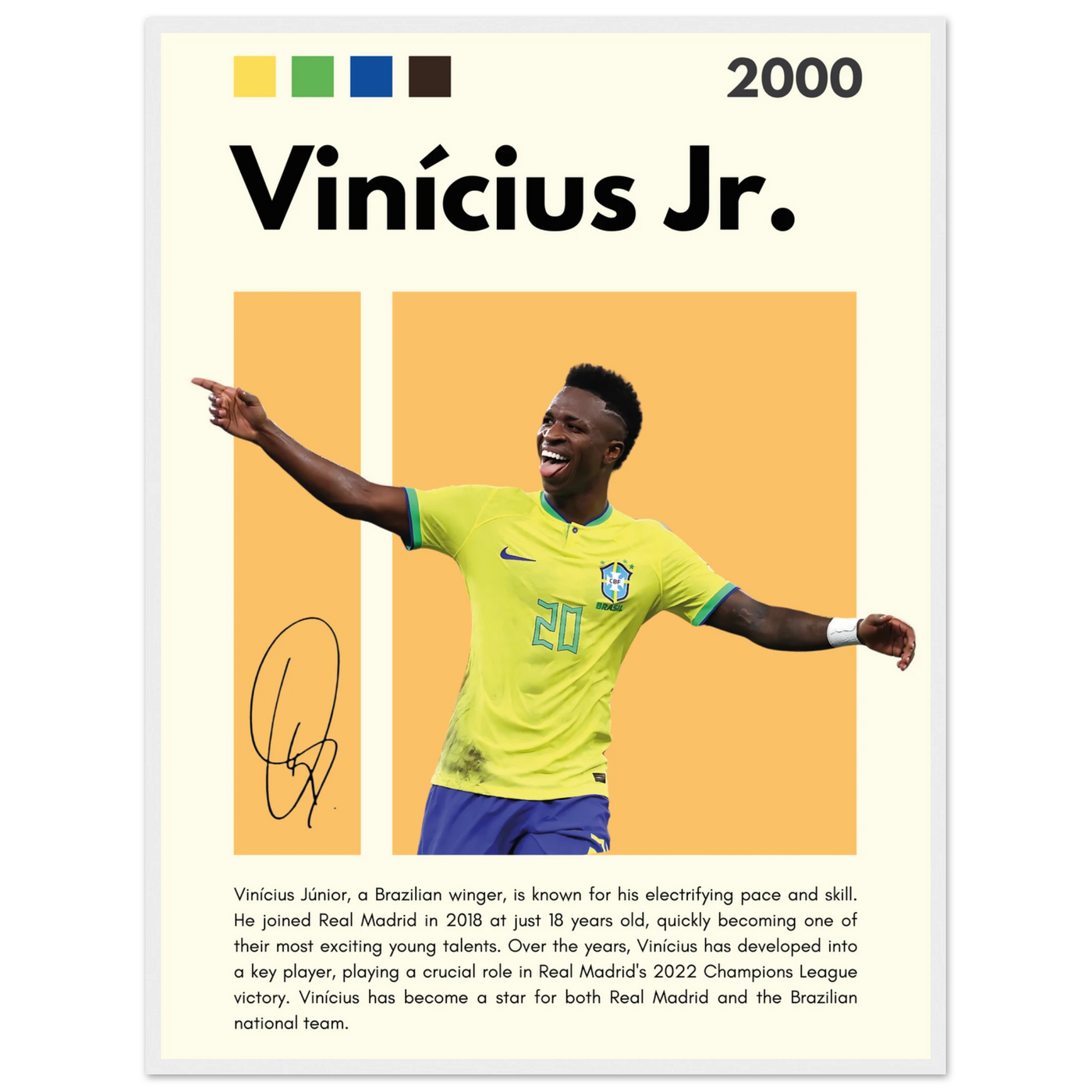 Vinicius Jr. Brazil Soccer Framed Poster – Dynamic Football Legend Art Print in Multiple Sizes & Frame Finishes 60x80 cm 24x32″ White frame Vibrantwalls