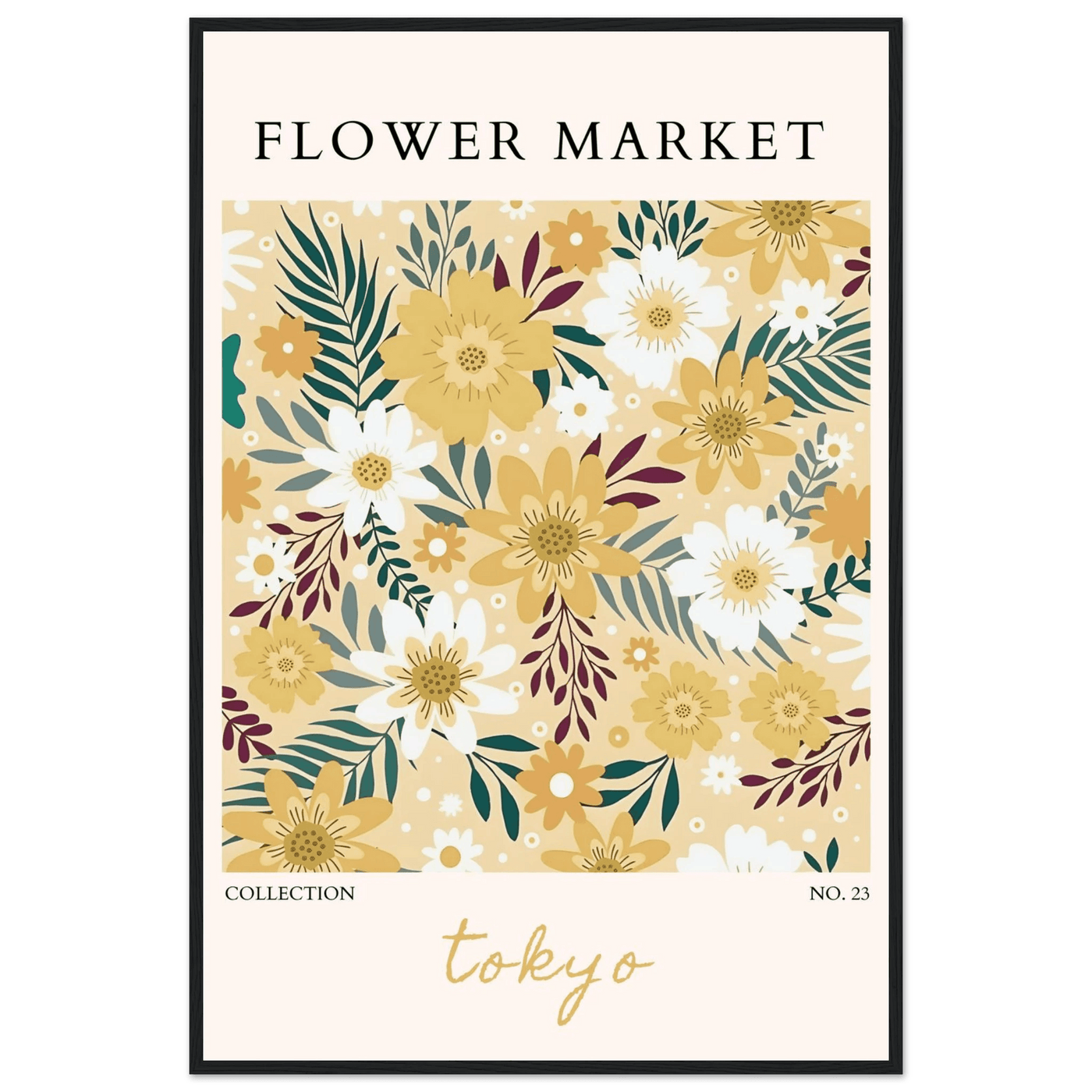 Tokyo Flower Market Framed Poster – Botanical Golden & White Floral Print | Ready-to-Hang Wall Art - Vibrantwalls