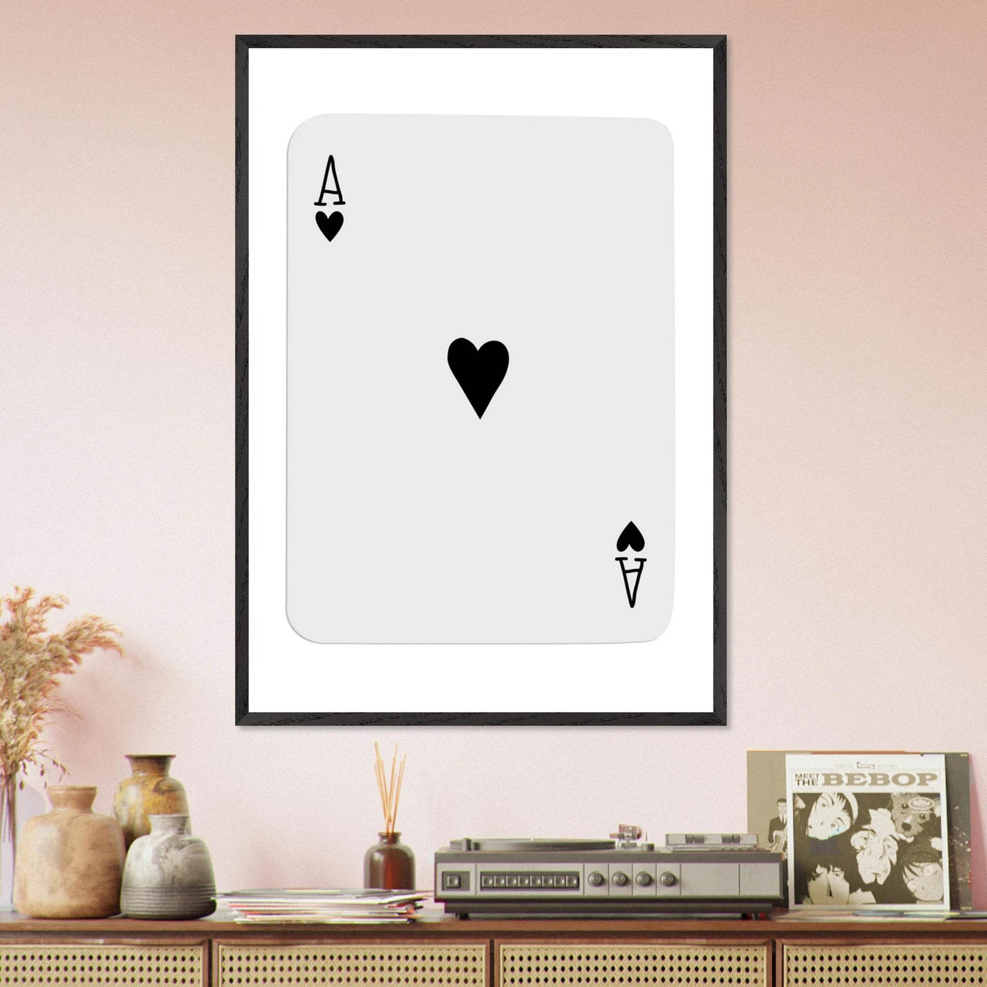 Ace of Hearts Minimalist Poker Card Art - Eco-Friendly Mounted Framed Poster, Choice of Frame Finish & Size - Vibrantwalls