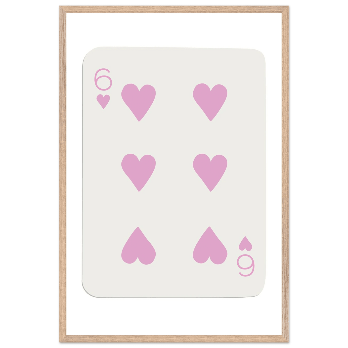 Minimalist Pink Six of Hearts Poker Card Print - Mounted Framed Eco-Friendly Wood Art - Vibrantwalls