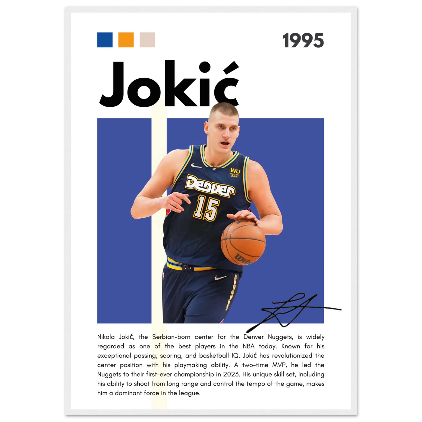 Nikola Jokic Joker Nuggets Minimalist Art Print A1 (59.4 x 84.1 cm) White frame Vibrantwalls