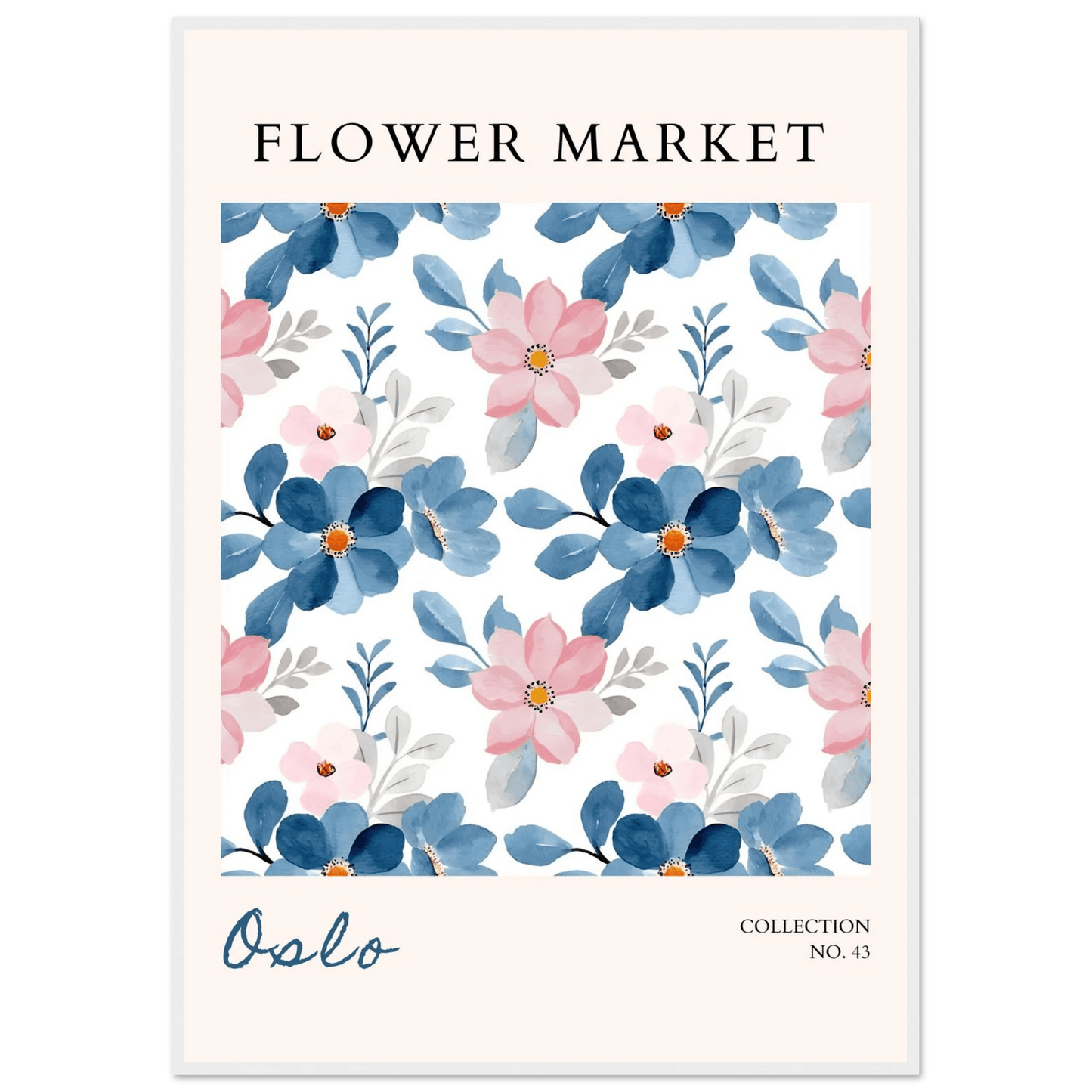 Oslo Flower Market Watercolor Blush Pink Ocean Blue - Wall Art - Vibrantwalls