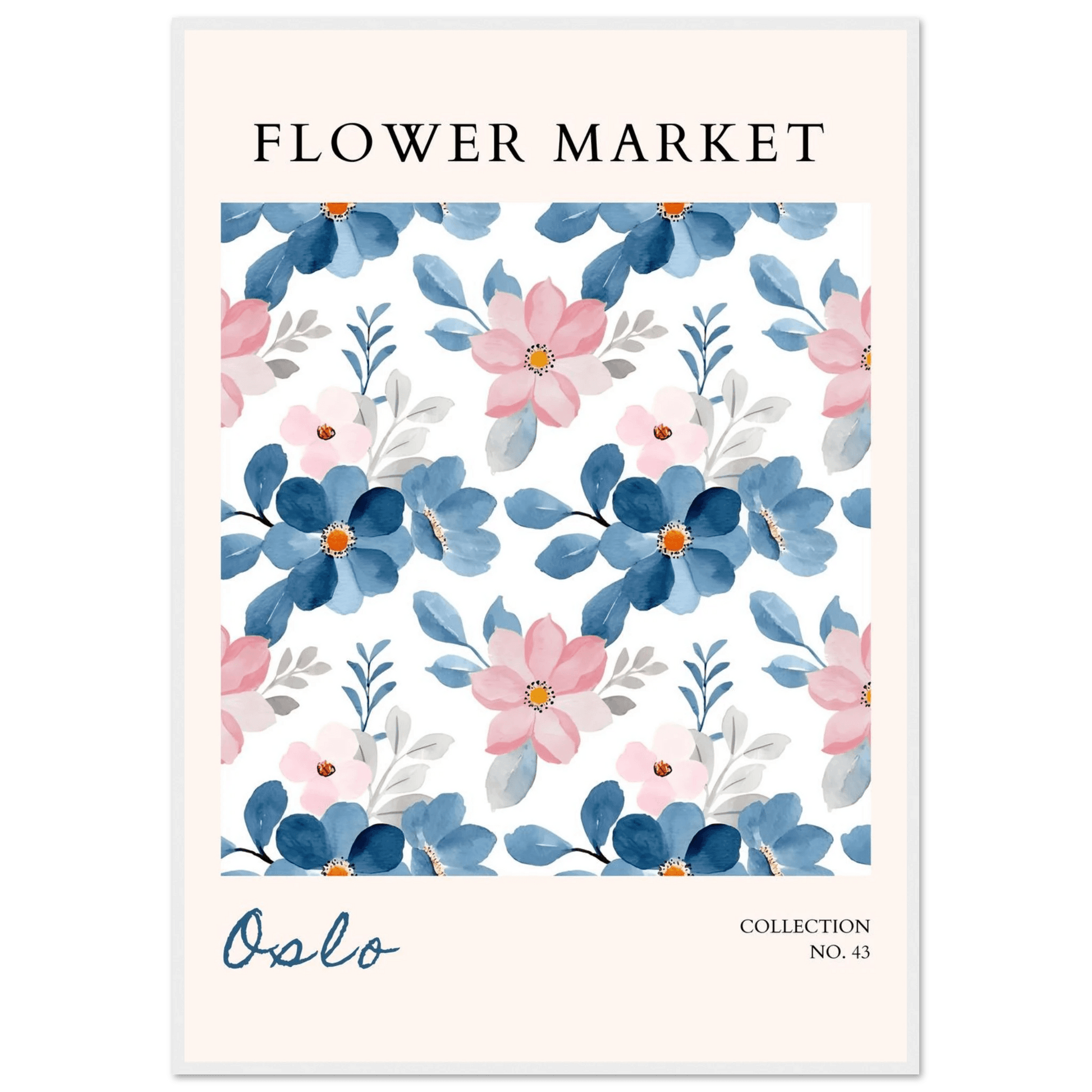 Oslo Flower Market Watercolor Blush Pink Ocean Blue - Wall Art - Vibrantwalls