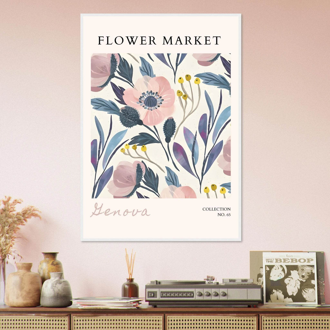 Flower Market 'Genova' Framed Poster – Blush & Indigo Floral Art Print | Ready-to-Hang Botanical Decor - Vibrantwalls