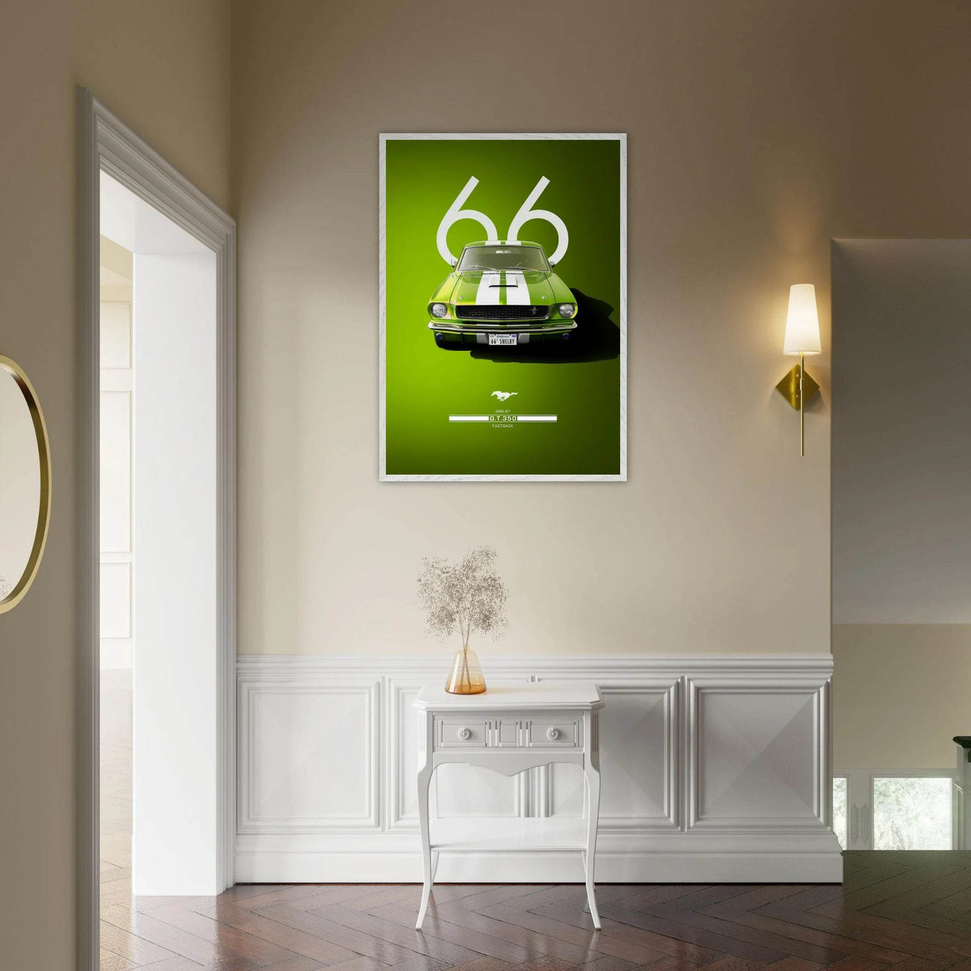 1966 Shelby GT350 Fastback Poster - Iconic Green & White Racing Stripes | Premium Framed Art, Ready-to-Hang - Vibrantwalls