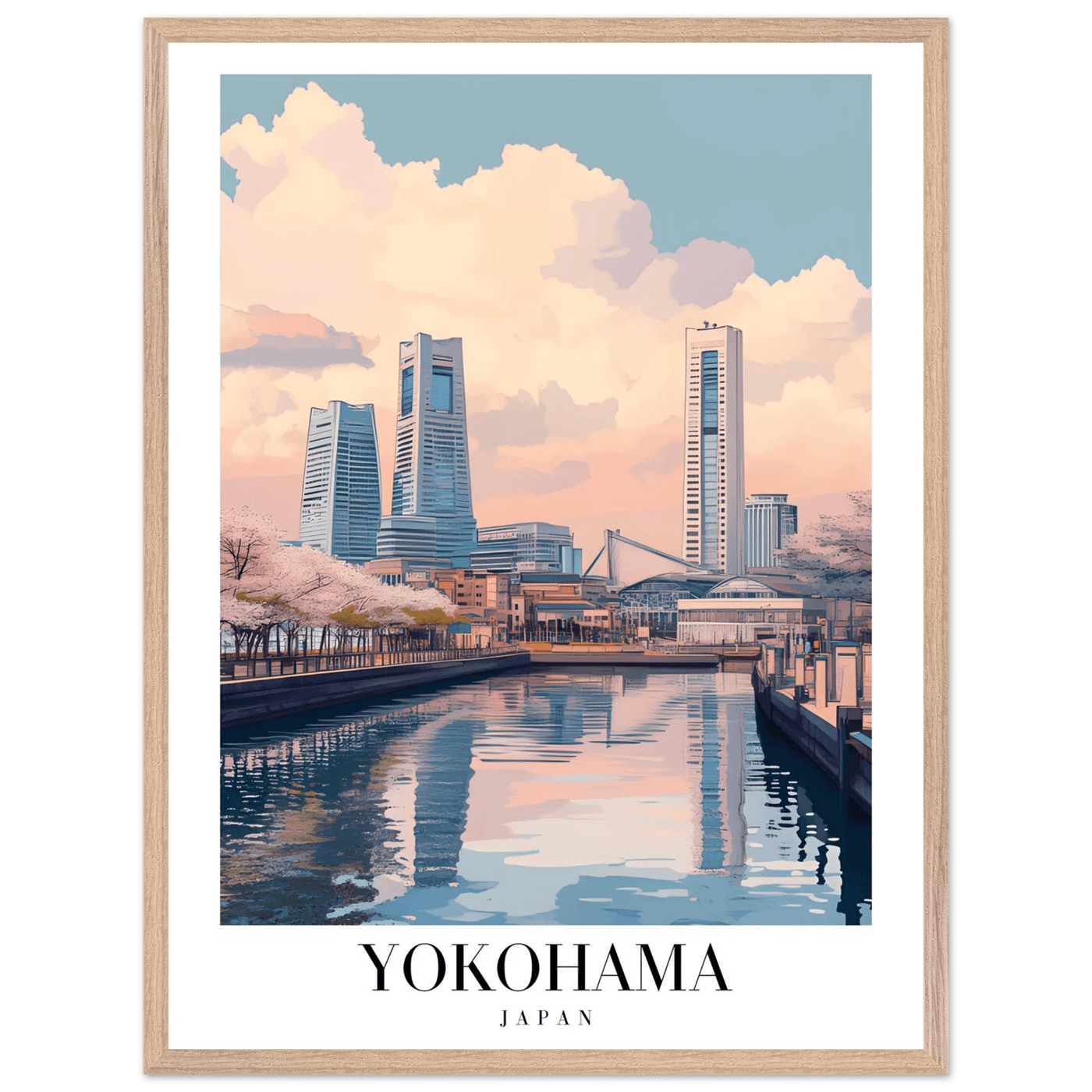 Yokohama Japan Framed Poster – Serene Pastel Cityscape Wall Art with Wooden Frame - Vibrantwalls