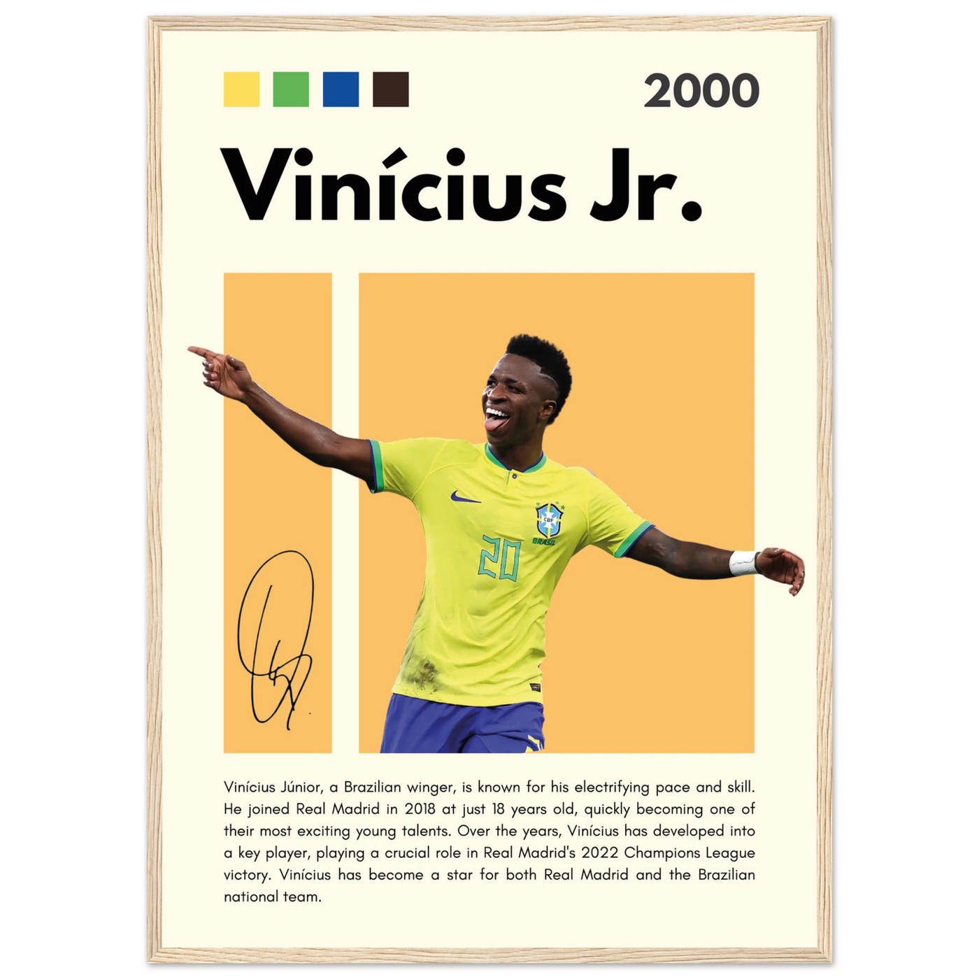 Vinicius Jr. Brazil Soccer Framed Poster – Dynamic Football Legend Art Print in Multiple Sizes & Frame Finishes 50x70 cm 20x28″ Wood frame Vibrantwalls