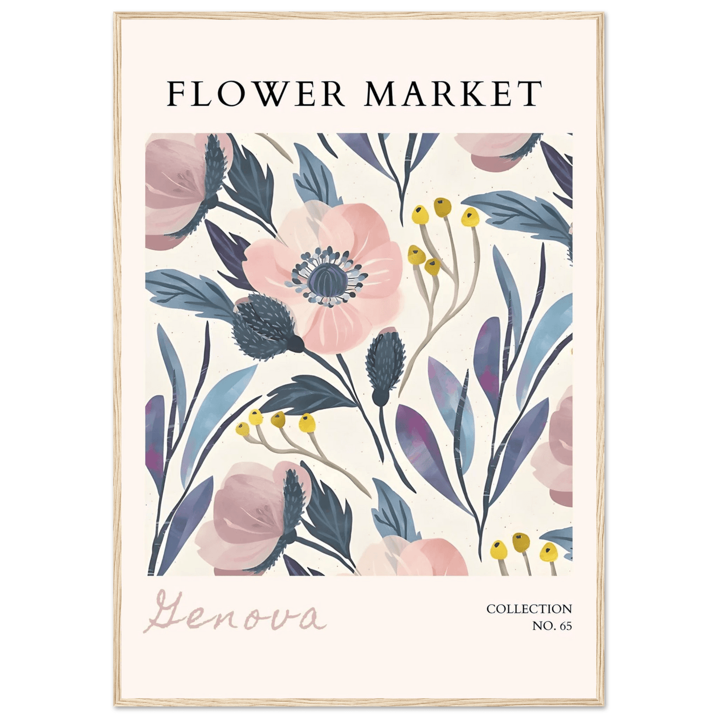 Flower Market 'Genova' Framed Poster – Blush & Indigo Floral Art Print | Ready-to-Hang Botanical Decor - Vibrantwalls