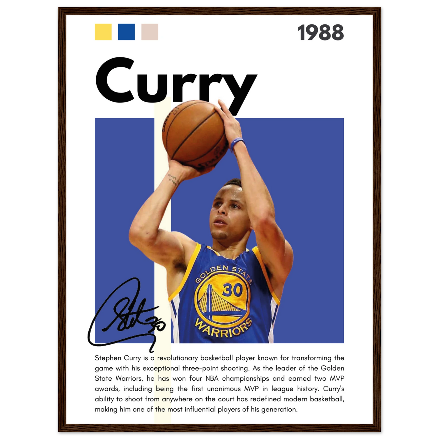 Stephen Curry Golden State Warriors Vintage Art 45x60 cm 18x24″ Dark wood frame Vibrantwalls