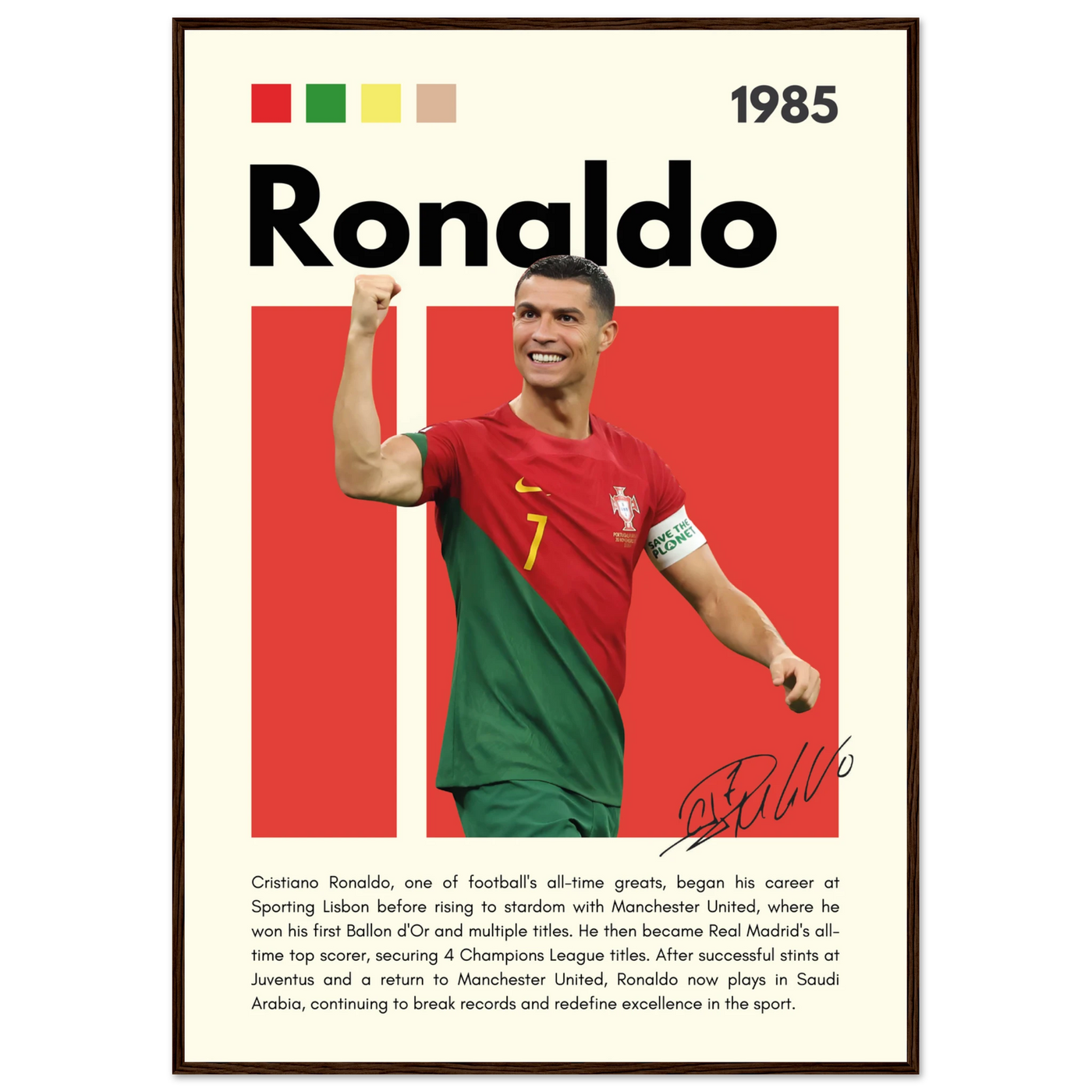 Cristiano Ronaldo Portugal Soccer Framed Football Poster 70x100 cm 28x40″ Dark wood frame Vibrantwalls