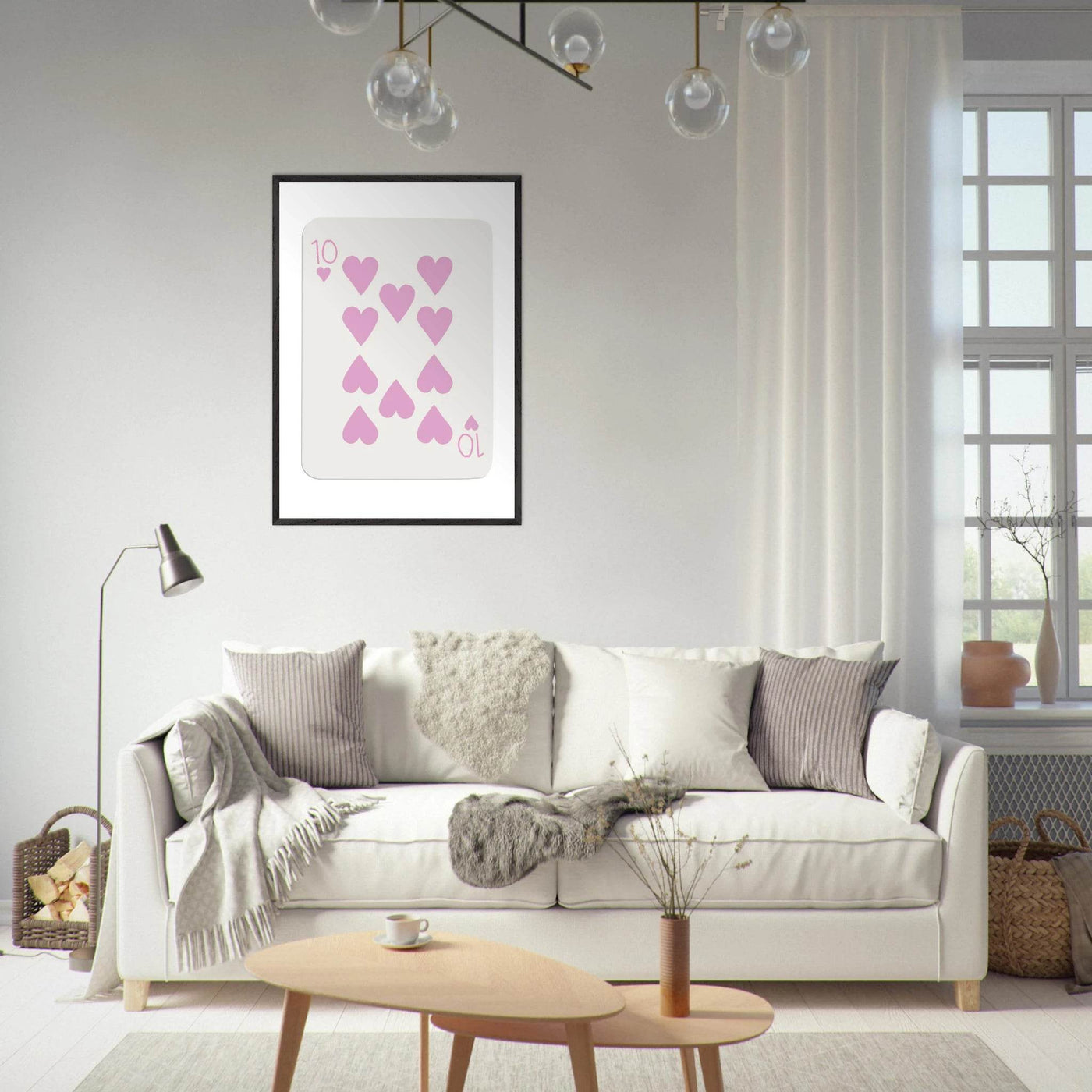 Ten of Hearts Poker Card Print - Soft Pink & Cream Mounted Framed Poster Art, Eco-Friendly Wood Frame - Vibrantwalls