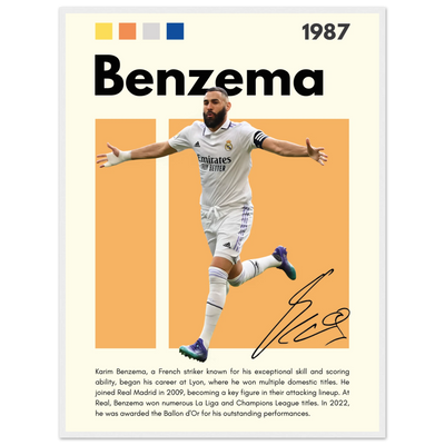 Karim Benzema Real Madrid Soccer Framed Poster – Modern Football Art Print with Signature Detail 60x80 cm 24x32″ White frame Vibrantwalls