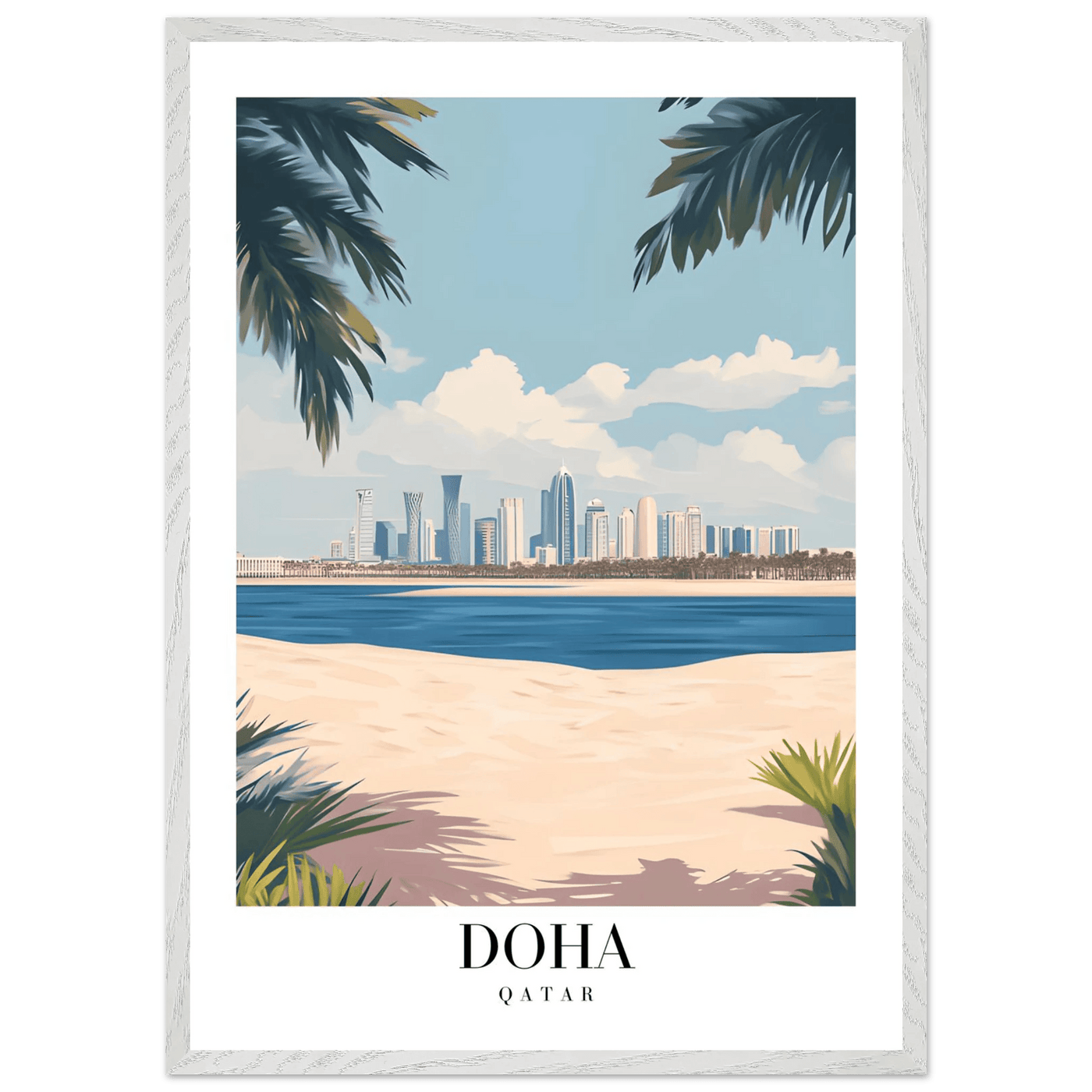 Doha Qatar Skyline Framed Poster – Modern Travel Wall Art with Palm Beach Vibes - Vibrantwalls