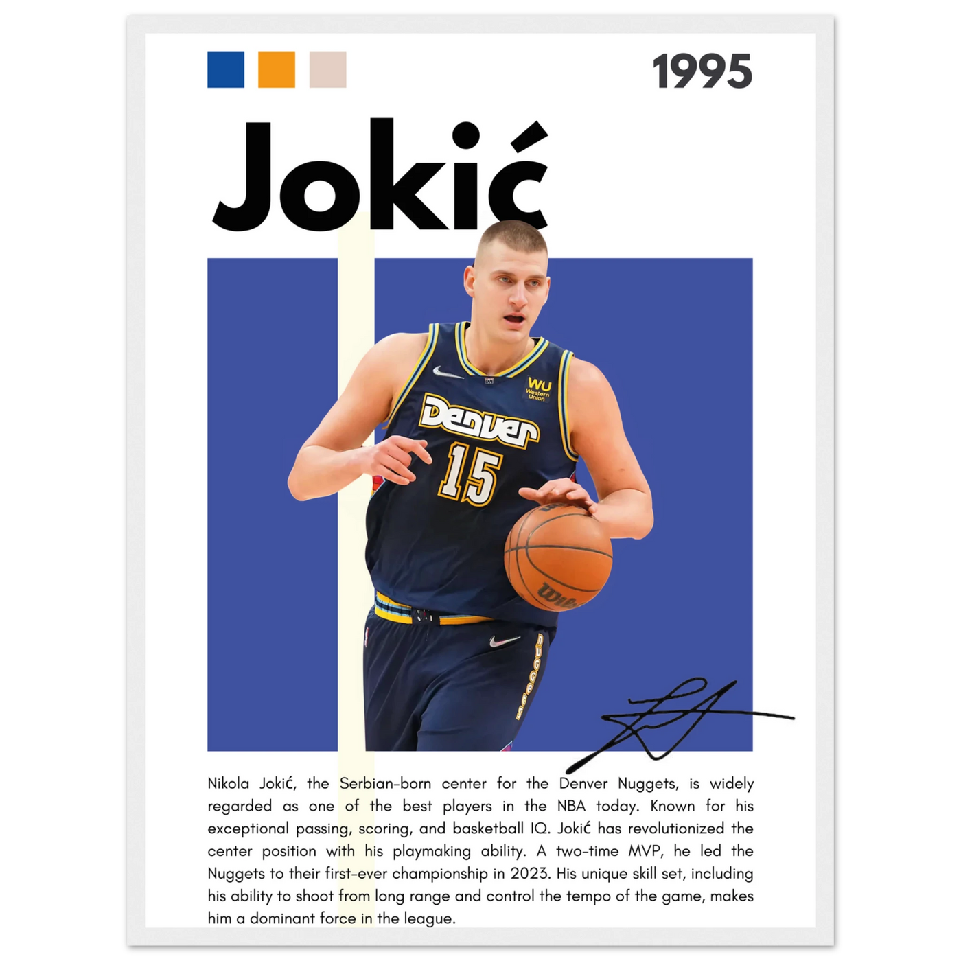 Nikola Jokic Joker Nuggets Minimalist Art Print 45x60 cm 18x24″ White frame Vibrantwalls