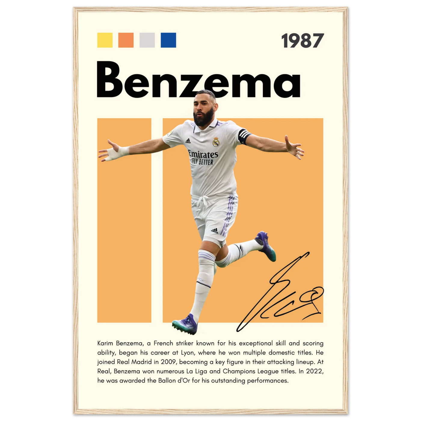 Karim Benzema Real Madrid Soccer Framed Poster – Modern Football Art Print with Signature Detail 60x90 cm 24x36″ Wood frame Vibrantwalls