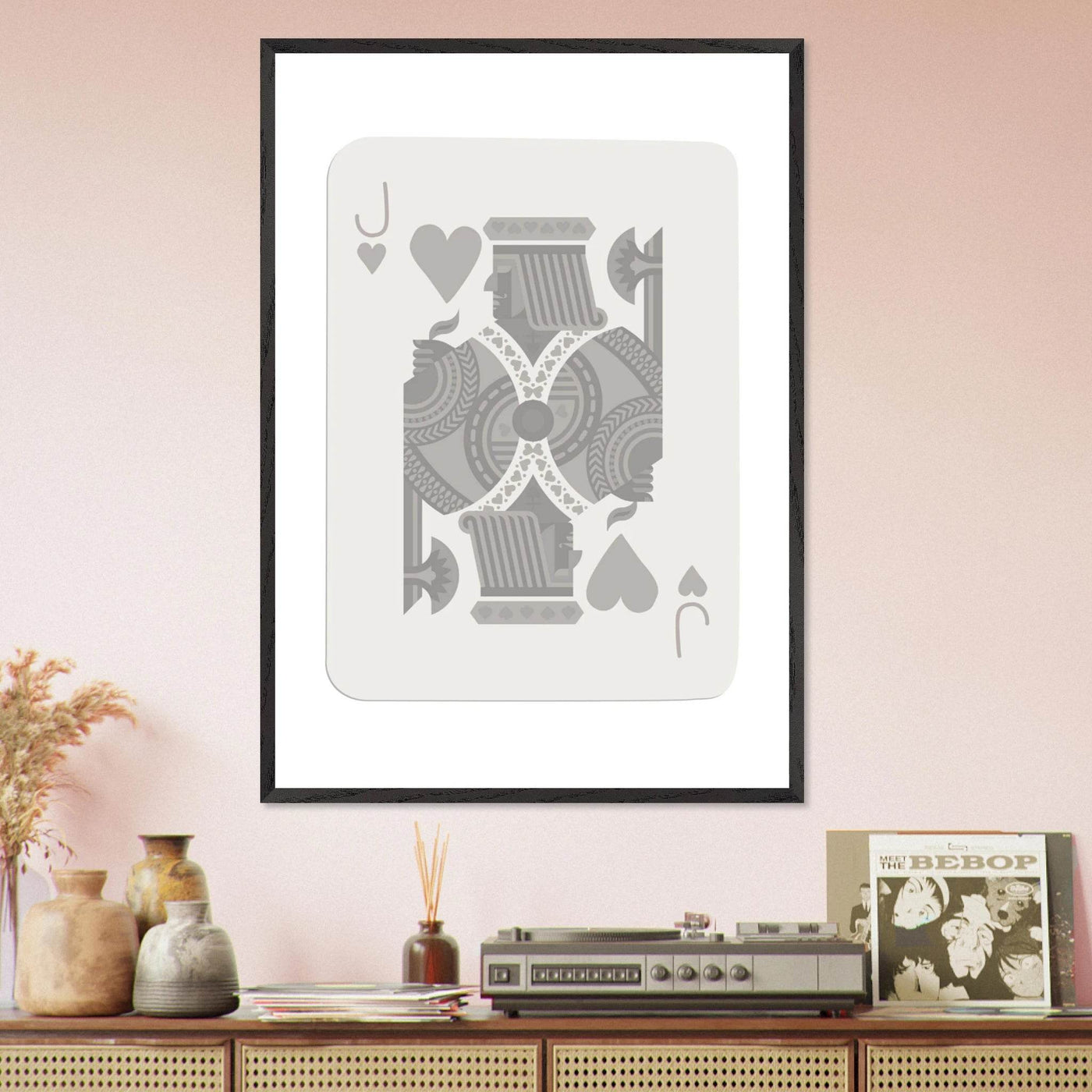 Jack of Hearts Poker Card Print - Minimalist Grey & White Art - Framed Poster, Eco-Friendly Wood - Vibrantwalls