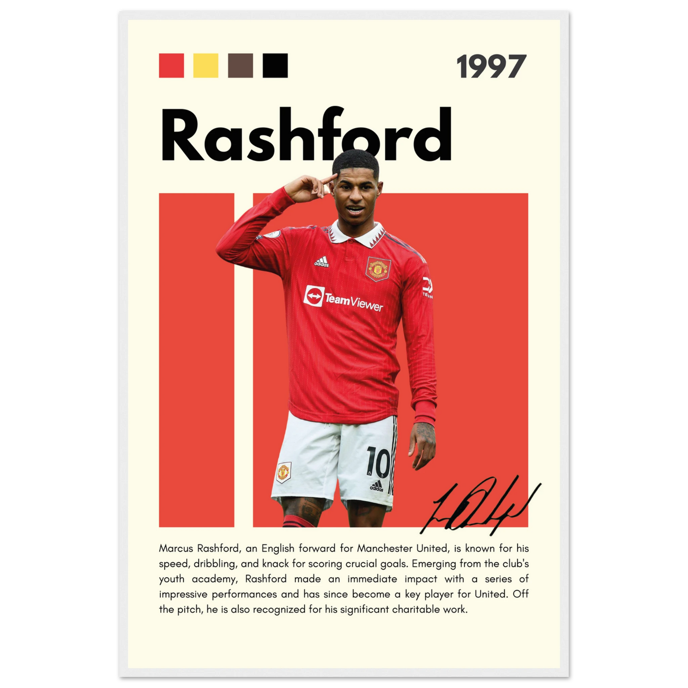 Marcus Rashford Manchester United Soccer Framed Poster – Iconic Red Devil Art Print 60x90 cm 24x36″ White frame Vibrantwalls