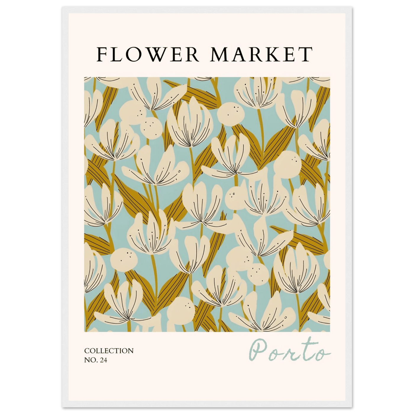 Flower Market Porto Abstract Floral Framed Poster | Calming Blue & Gold Botanical Art Print, Ready-to-Hang - Vibrantwalls