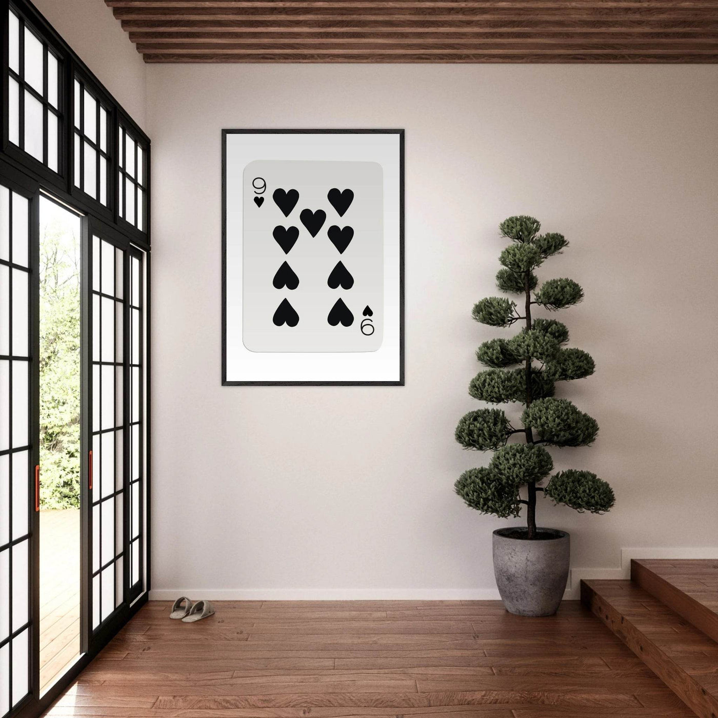 Minimalist Nine of Hearts Poker Card Print - Mounted Framed Eco-Friendly Wall Art in Various Sizes & Frame Finishes - Vibrantwalls