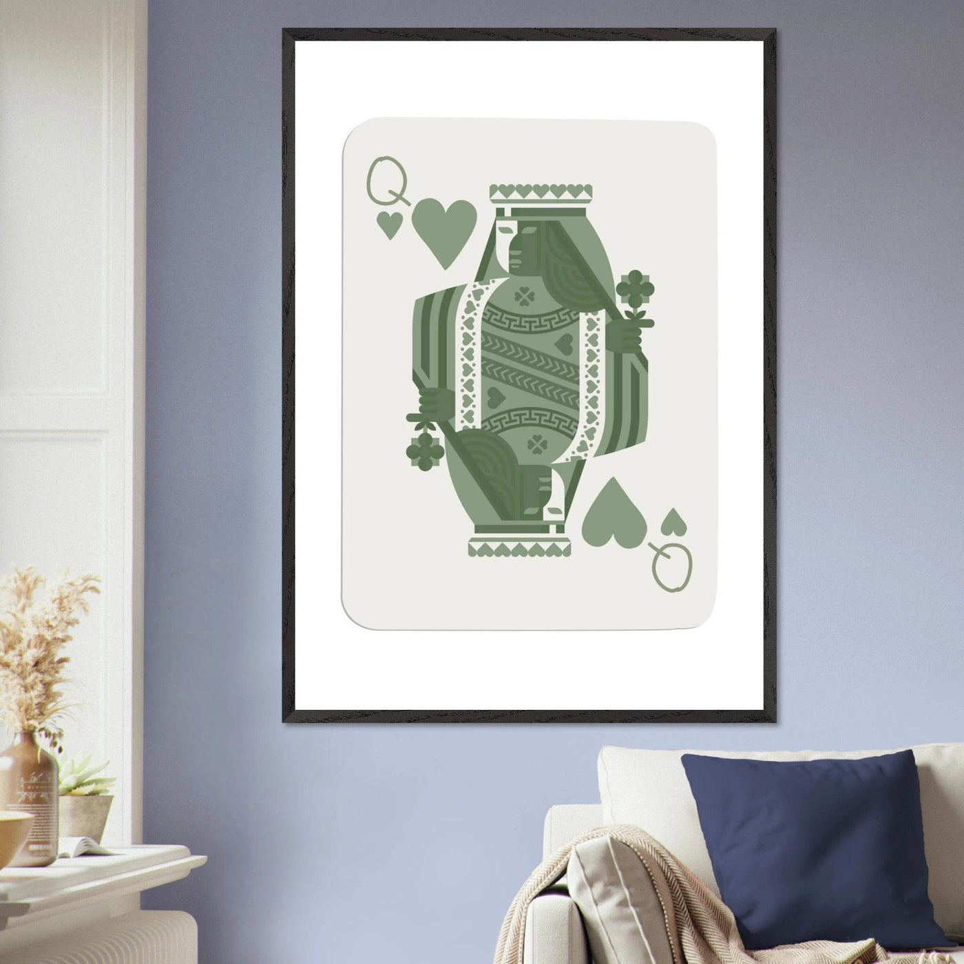 Queen of Spades Poker Card Print - Sage Green Wall Art - Mounted Framed Poster, Eco-Friendly Wood Frame - Vibrantwalls