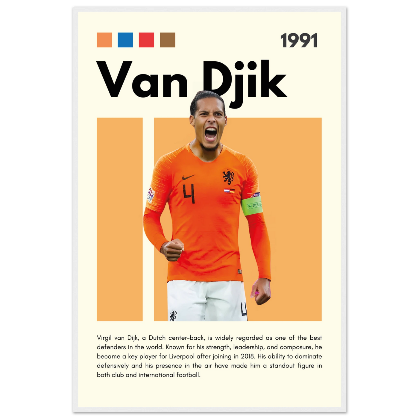 Virgil van Dijk Liverpool/Netherlands Football Framed Poster - Orange & Dynamic Sports Art Print 60x90 cm 24x36″ White frame Vibrantwalls