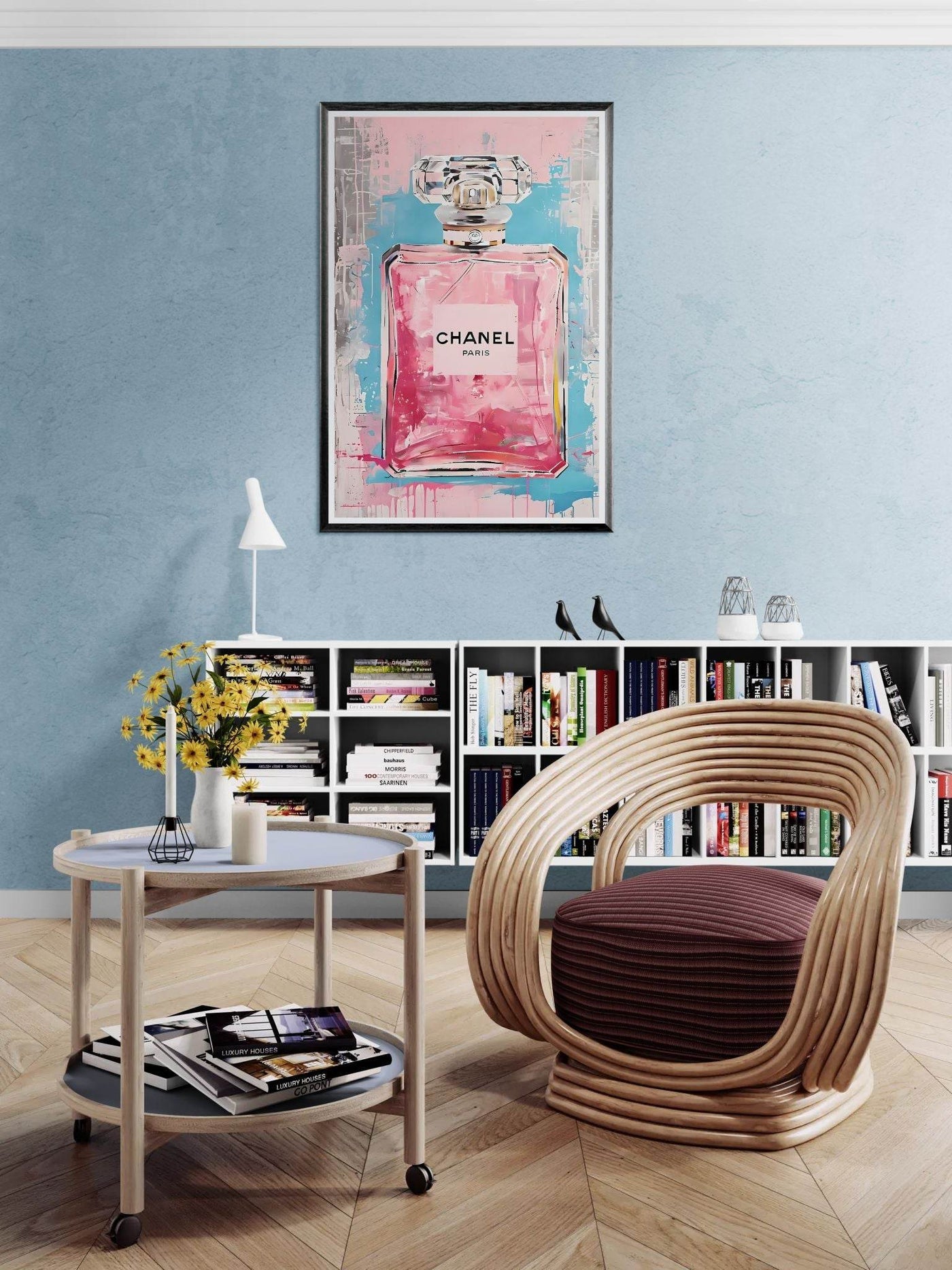 Coco Mademoiselle Chanel Art Print - Pink & Blue Pop Art Style Framed Poster - Vibrantwalls