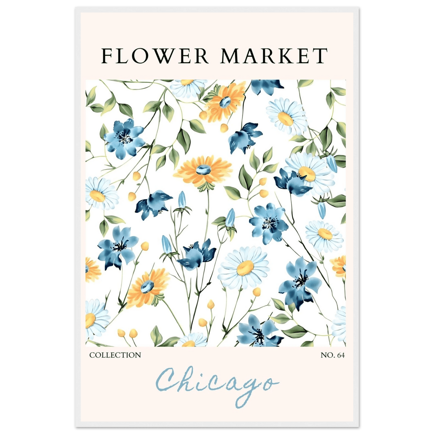 Flower Market Chicago Collection Framed Poster – Whimsical Blue & Yellow Floral Art Print | Ready-to-Hang - Vibrantwalls