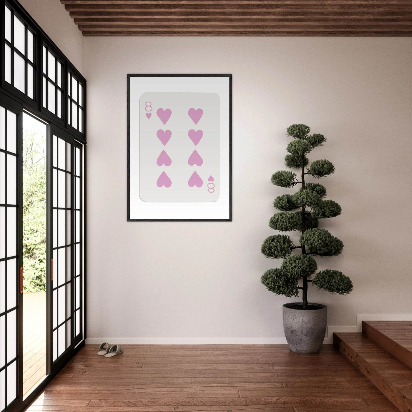 Minimalist Eight of Hearts Poker Card Print - Mounted Framed Art in Eco-Friendly Wood Frame - Vibrantwalls