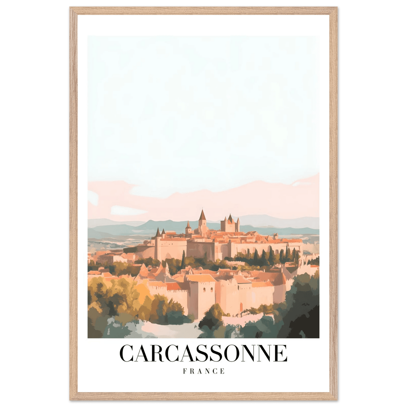 Carcassonne France Framed Poster – Vintage Travel Wall Art in Pastel Hues & Wooden Frame - Vibrantwalls