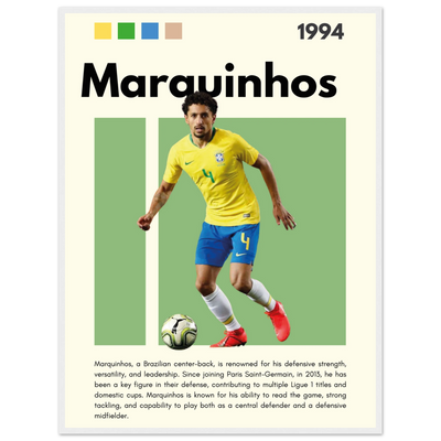 Marquinhos Brazil Football Framed Poster – Iconic Soccer Art Print for Fans 60x80 cm 24x32″ White frame Vibrantwalls