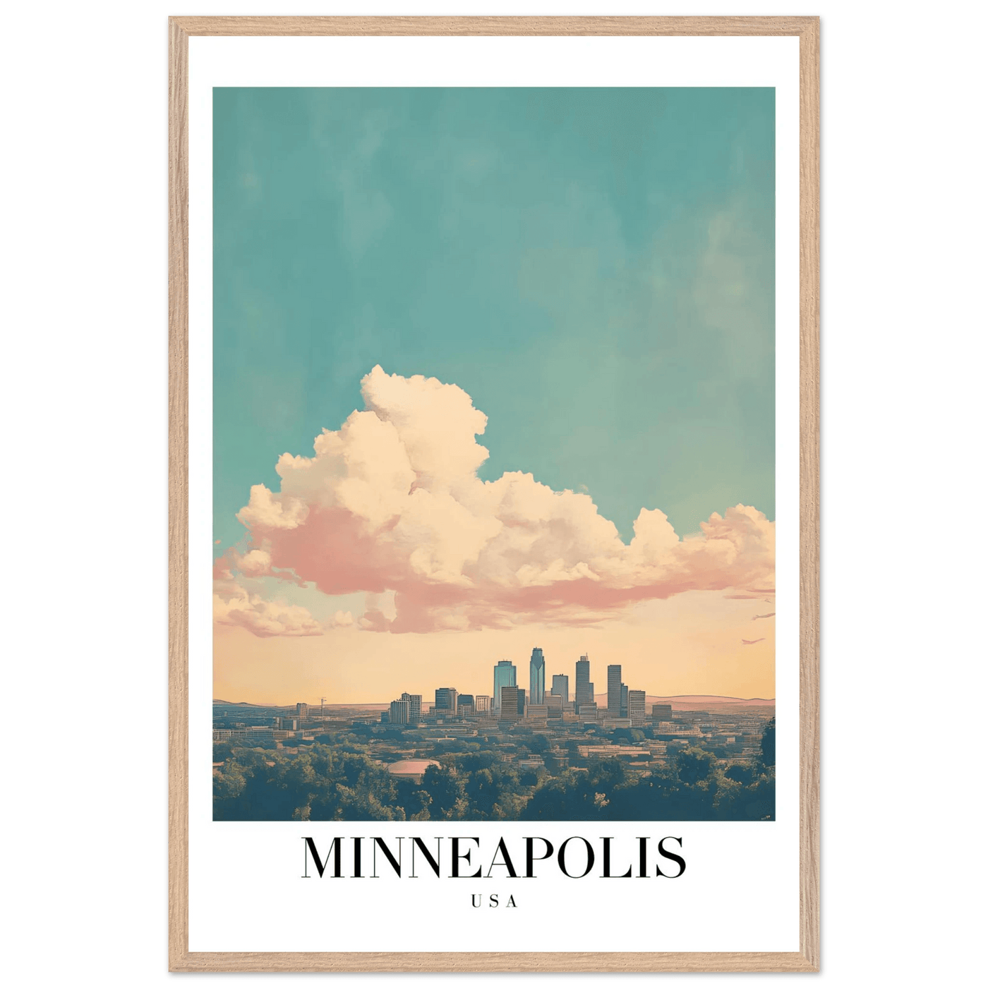 Minneapolis USA Framed Poster – Pastel Dream Sky Vintage Cityscape Art with Premium Wooden Frame - Vibrantwalls