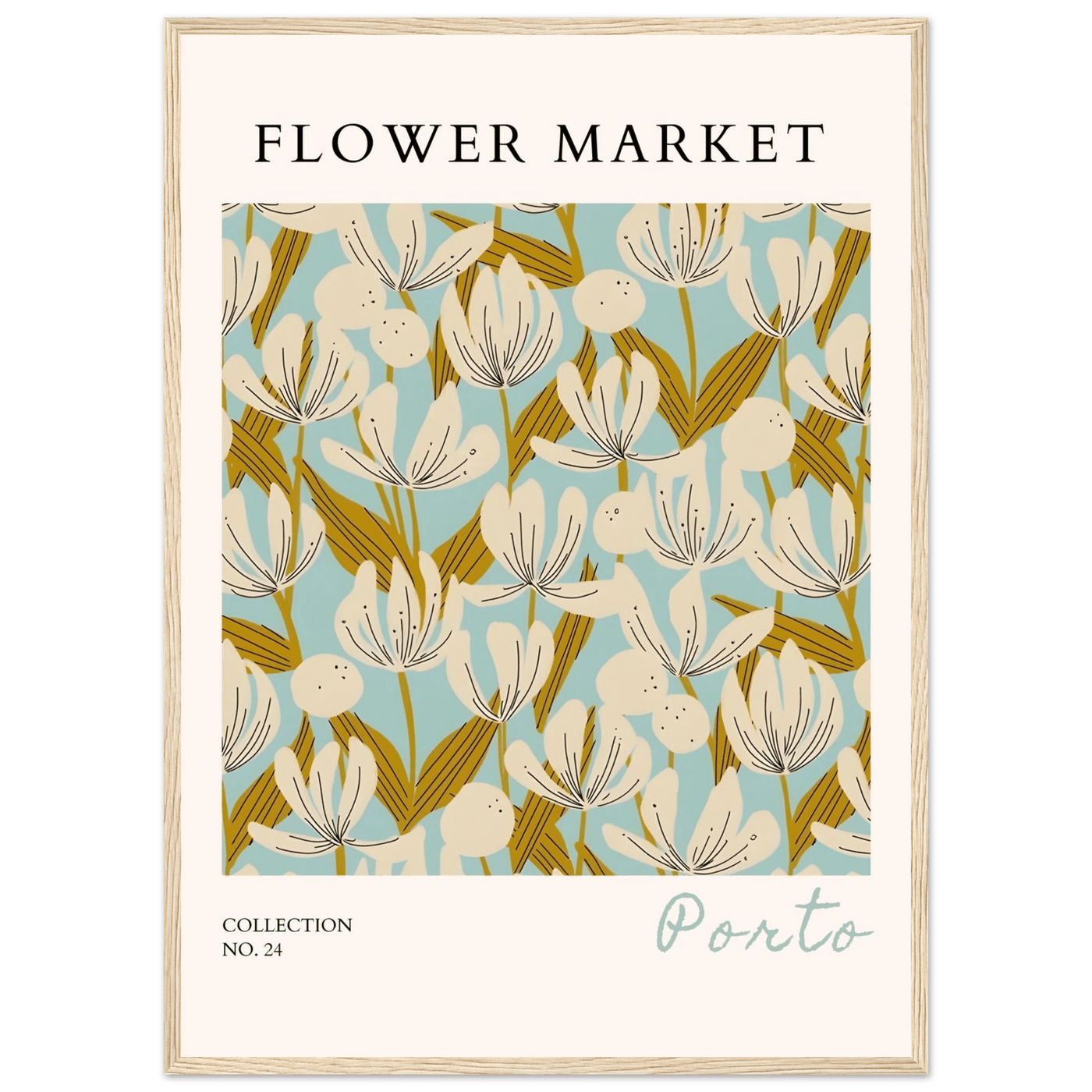 Flower Market Porto Abstract Floral Framed Poster | Calming Blue & Gold Botanical Art Print, Ready-to-Hang - Vibrantwalls