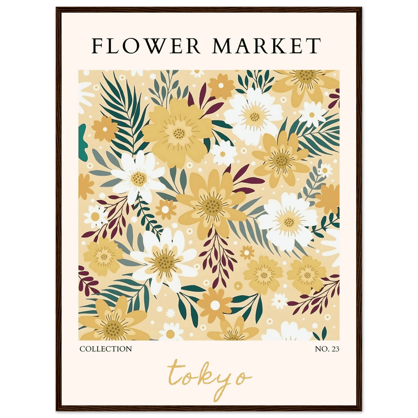 Tokyo Flower Market Framed Poster – Botanical Golden & White Floral Print | Ready-to-Hang Wall Art - Vibrantwalls