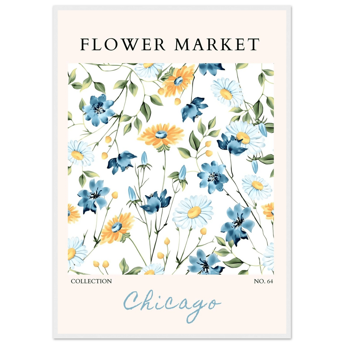 Flower Market Chicago Collection Framed Poster – Whimsical Blue & Yellow Floral Art Print | Ready-to-Hang - Vibrantwalls