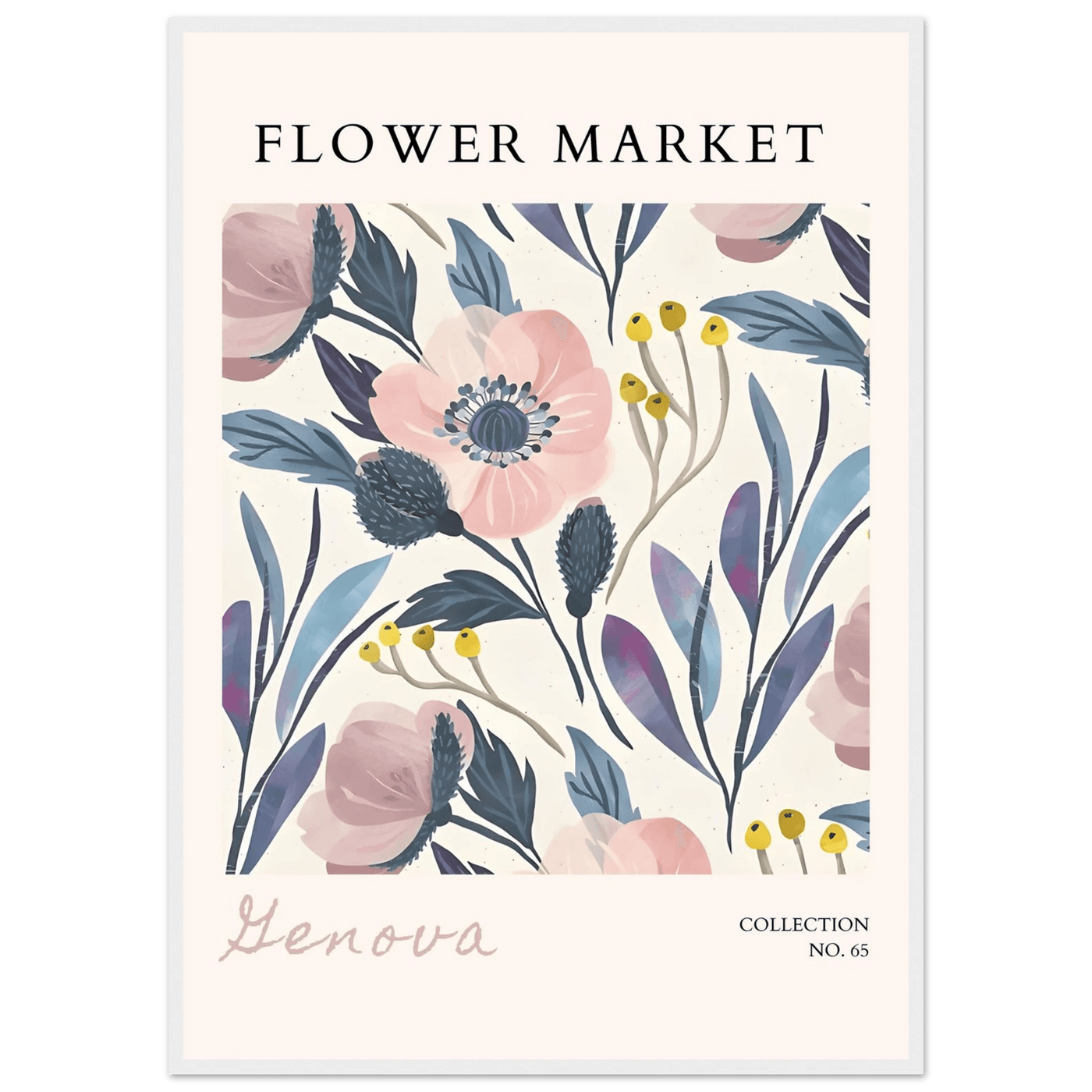 Flower Market 'Genova' Framed Poster – Blush & Indigo Floral Art Print | Ready-to-Hang Botanical Decor - Vibrantwalls
