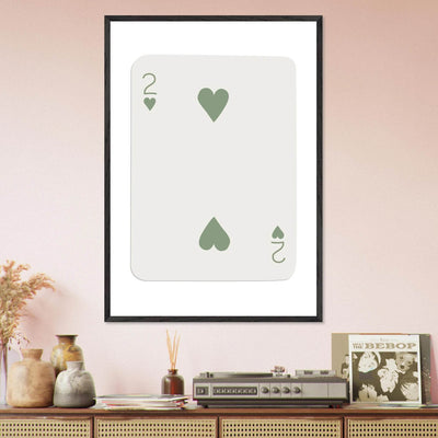 Minimalist Two of Hearts Poker Card Print - Sage Green & Cream Framed Art for Modern Decor, Eco Wood Frame - Vibrantwalls