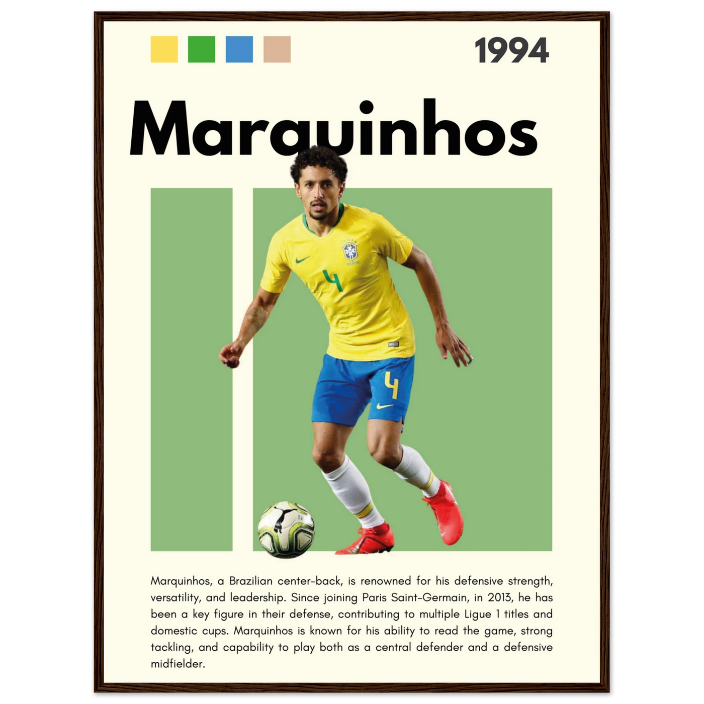 Marquinhos Brazil Football Framed Poster – Iconic Soccer Art Print for Fans 60x80 cm 24x32″ Dark wood frame Vibrantwalls