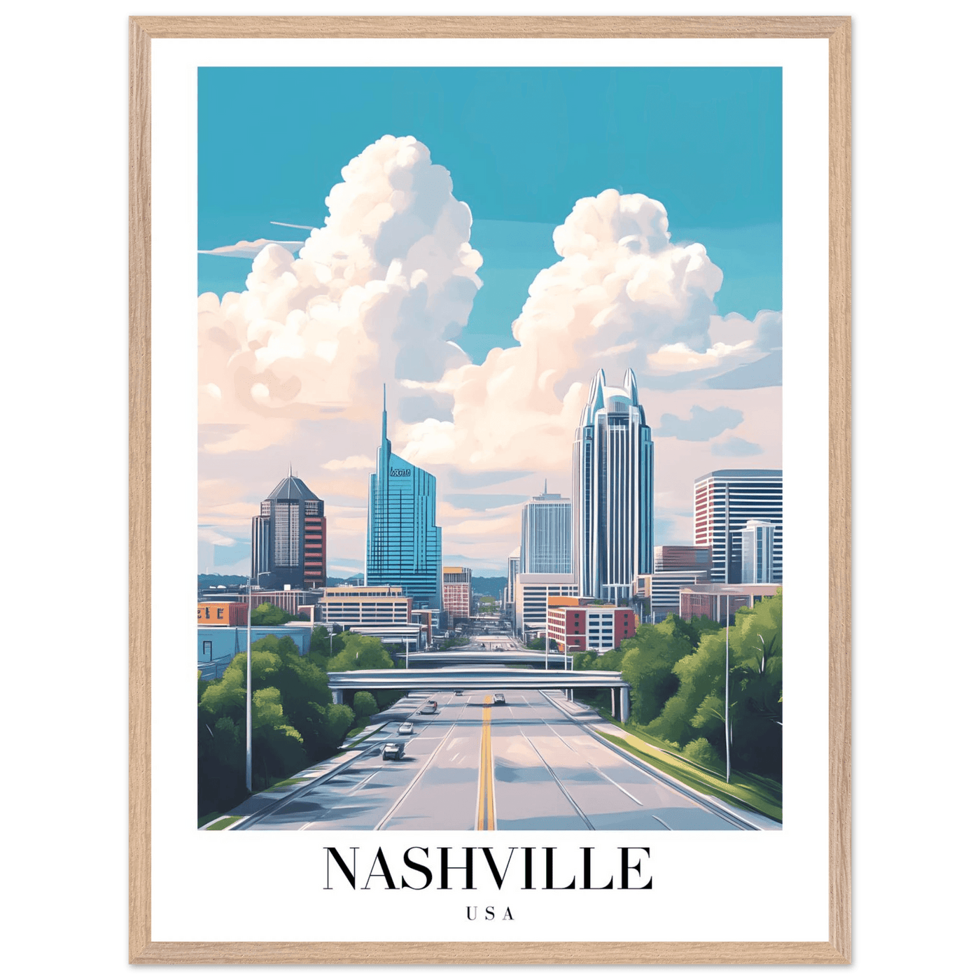 Nashville USA Cityscape Framed Poster – Modern Travel Wall Art with Wooden Frame & Your Choice of Size - Vibrantwalls