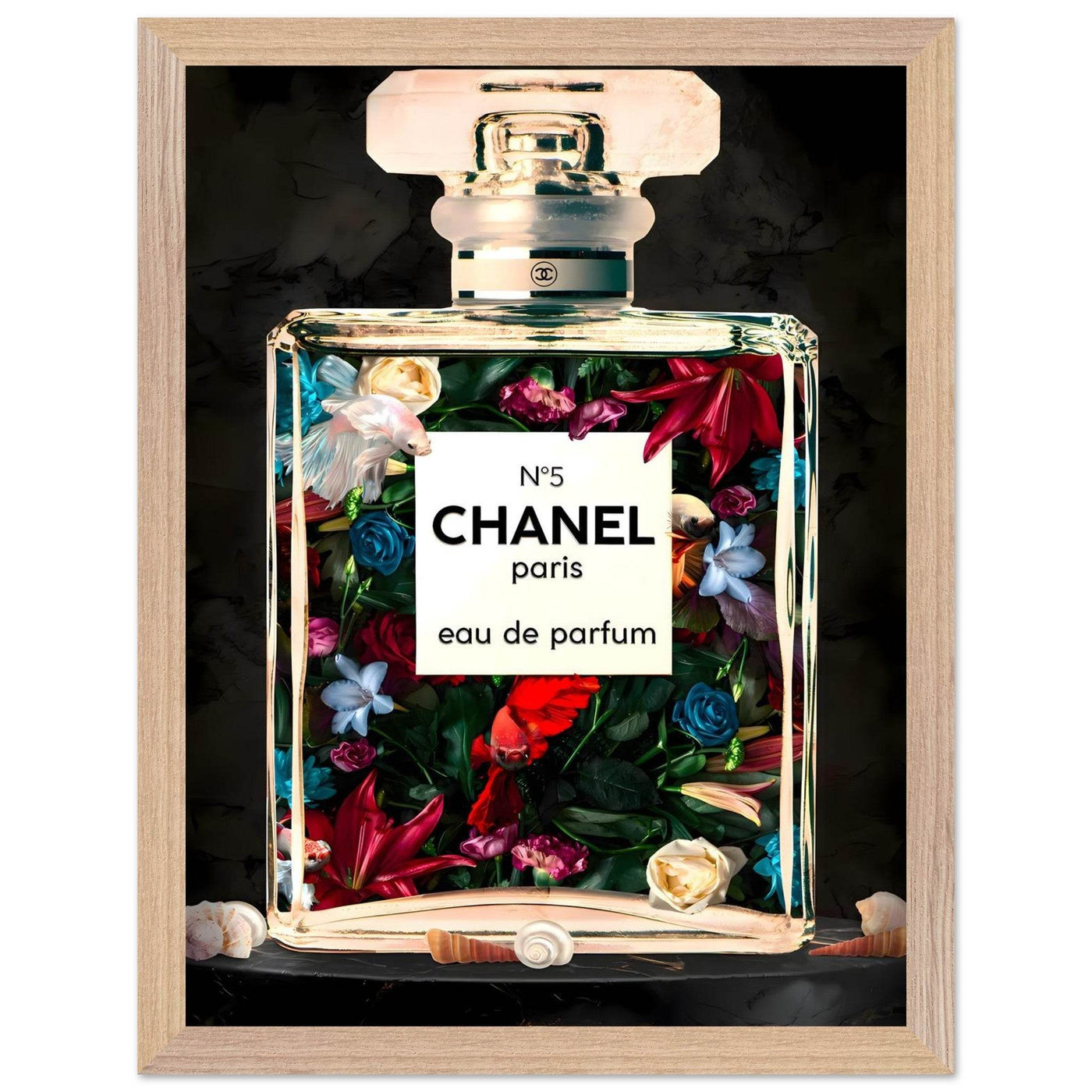 Chanel No. 5 Floral Fantasy Framed Art Print: A Timeless Blend of Iconic Fragrance and Vibrant Botanicals - Vibrantwalls