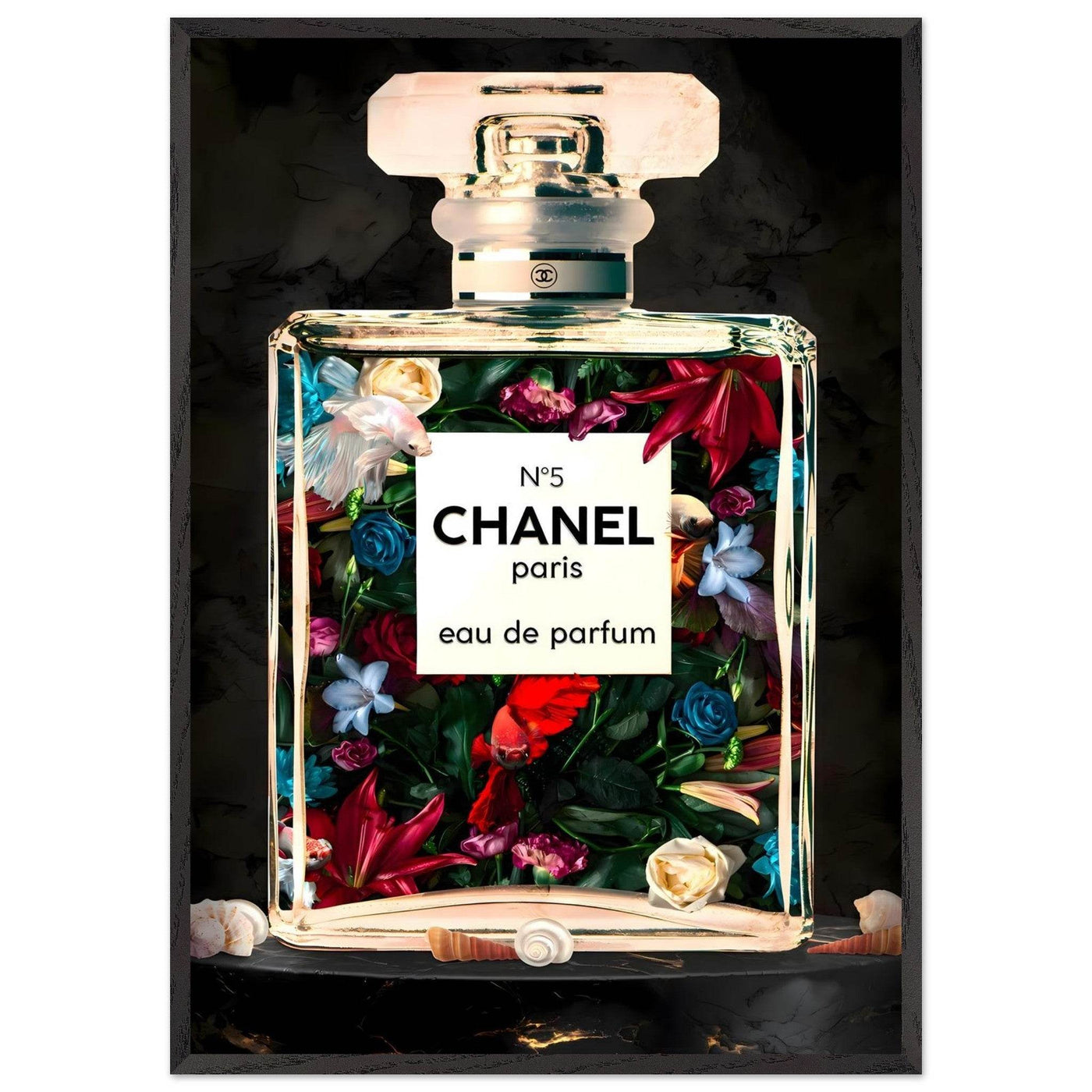 Chanel No. 5 Floral Fantasy Framed Art Print: A Timeless Blend of Iconic Fragrance and Vibrant Botanicals - Vibrantwalls