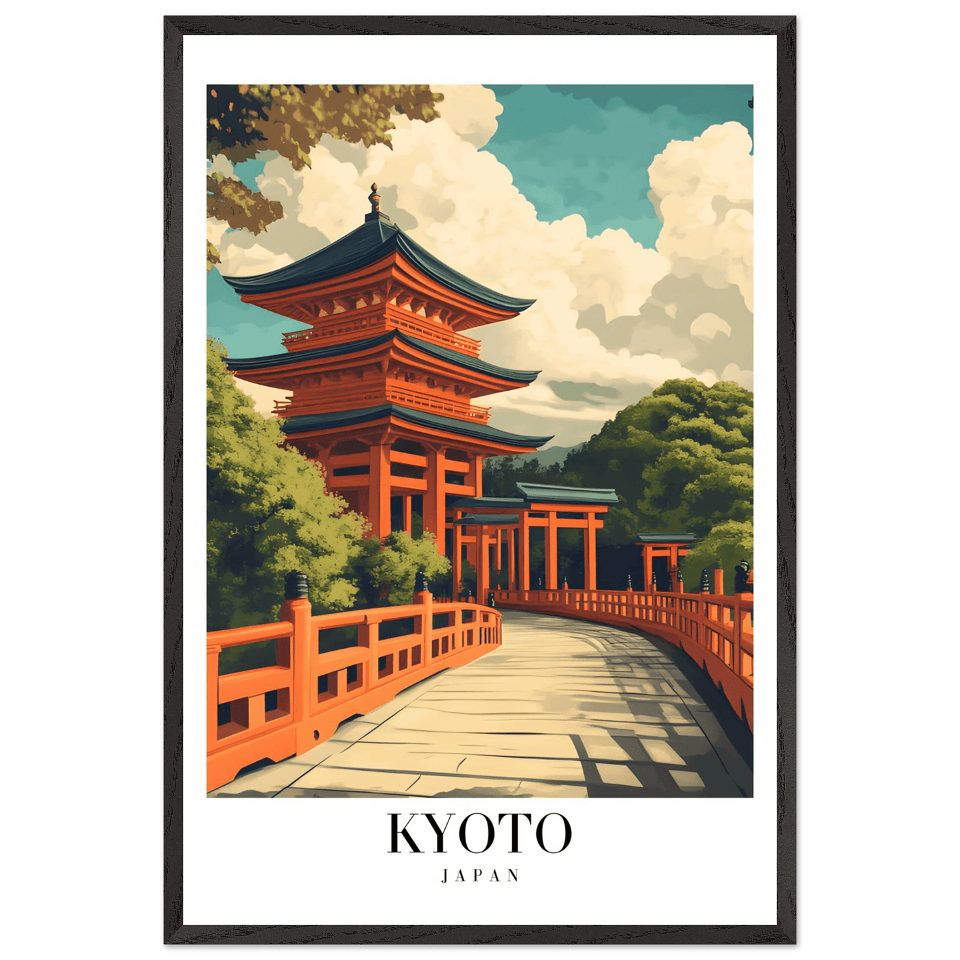 Kyoto Japan Pagoda Framed Poster – Japanese Temple Wall Art in Vibrant Orange with Wooden Frame - Vibrantwalls