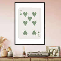 Minimalist Poker Card Art - Seven of Hearts - Sage Green Framed Poster, Eco-Friendly Decor - Vibrantwalls