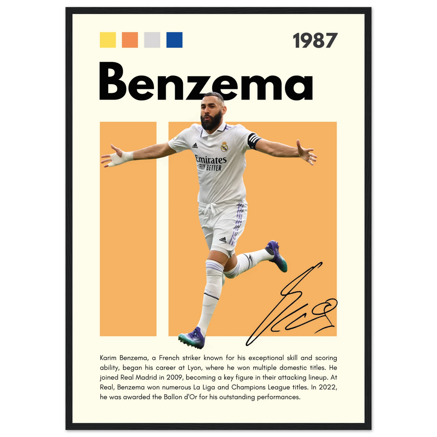 Karim Benzema Real Madrid Soccer Framed Poster – Modern Football Art Print with Signature Detail 50x70 cm 20x28″ Black frame Vibrantwalls