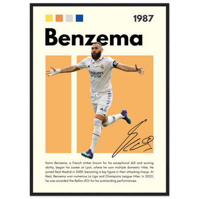 Karim Benzema Real Madrid Soccer Framed Poster – Modern Football Art Print with Signature Detail 50x70 cm 20x28″ Black frame Vibrantwalls