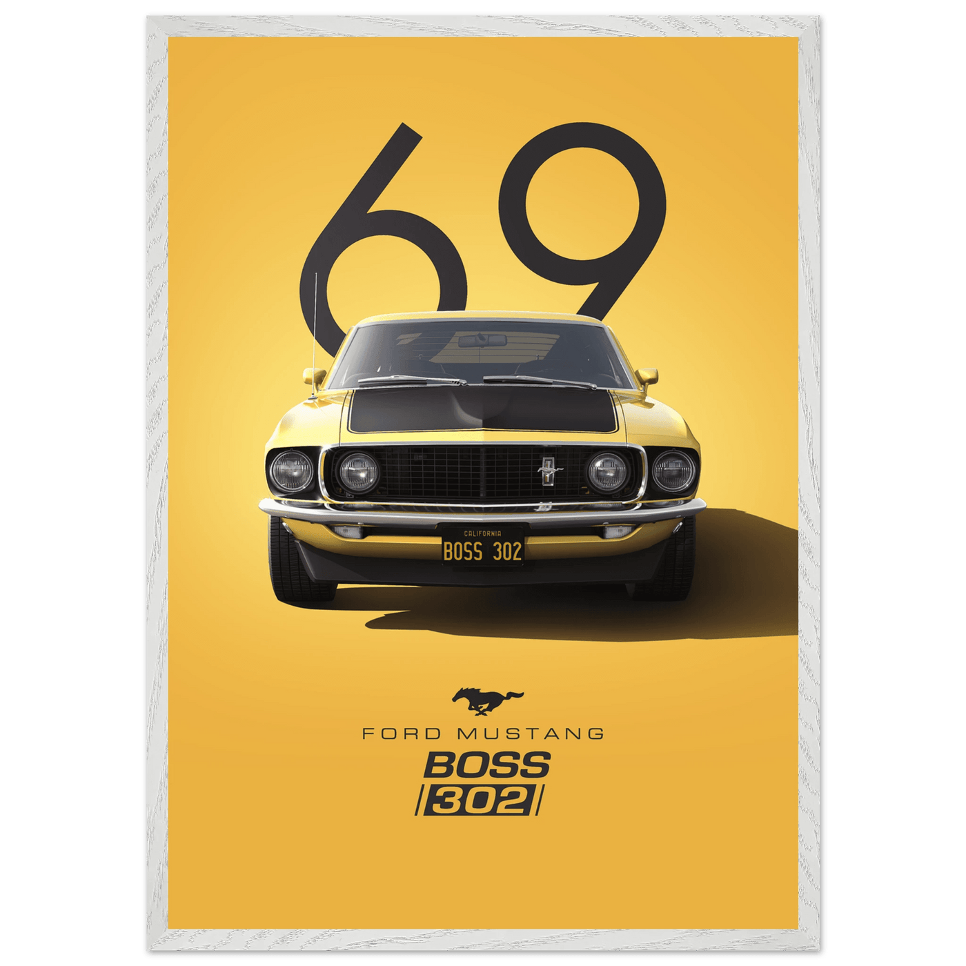 1969 Ford Mustang Boss 302 '69 - Iconic Yellow Framed Poster | Ready-to-Hang, Premium Art Print - Vibrantwalls