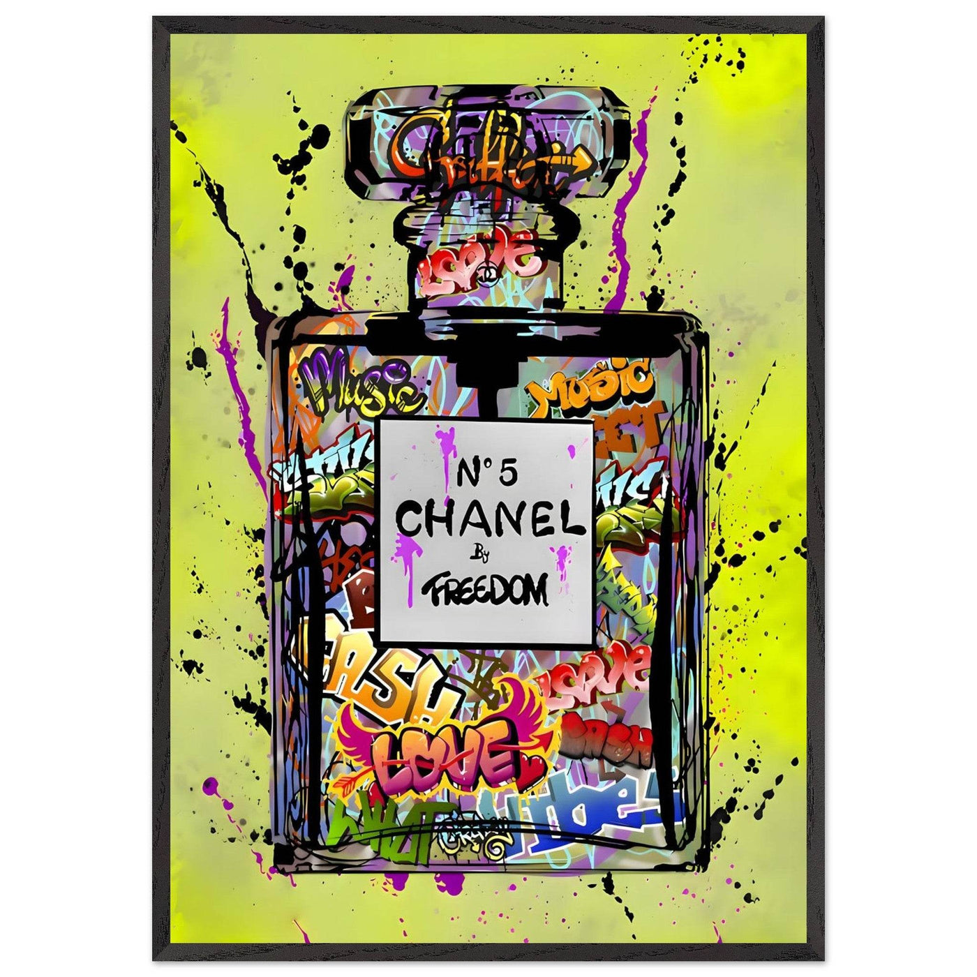 Coco Chanel No. 5 Graffiti Art Print - Vibrant Street Style Perfume Bottle Framed Wall Art - Vibrantwalls