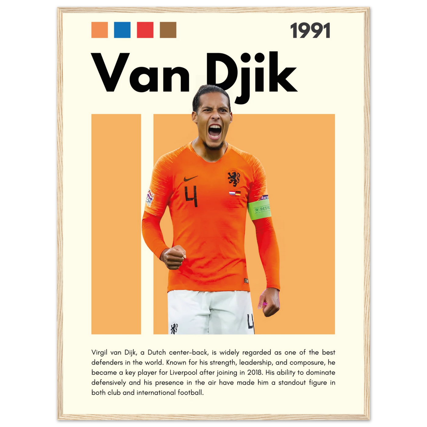 Virgil van Dijk Liverpool/Netherlands Football Framed Poster - Orange & Dynamic Sports Art Print 60x80 cm 24x32″ Wood frame Vibrantwalls