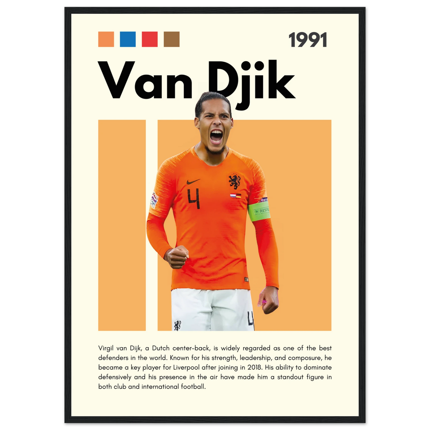 Virgil van Dijk Liverpool/Netherlands Football Framed Poster - Orange & Dynamic Sports Art Print 50x70 cm 20x28″ Black frame Vibrantwalls